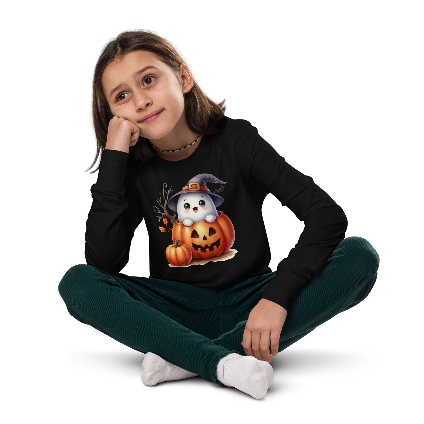 Halloween Youth Long Sleeve Shirt, Spooky and Sweet Ghost Design, 100% Airlume Combed Cotton, Regular Fit, Ribbed Cuff, 5 Colors Available, Soft & Durable, Perfect Halloween Gift for Kids