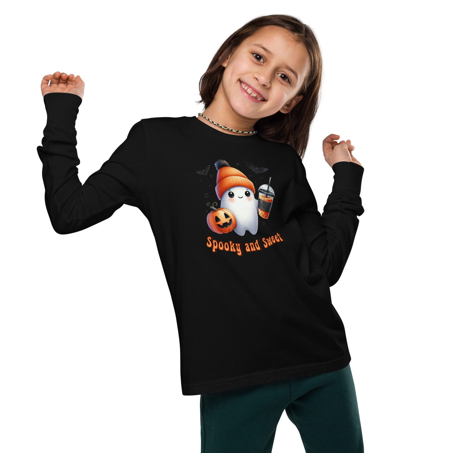 Halloween Youth Long Sleeve Shirt, Spooky and Sweet Ghost Design, 100% Airlume Combed Cotton, Regular Fit, Ribbed Cuff, 5 Colors Available, Soft & Durable, Perfect Halloween Gift for Kids