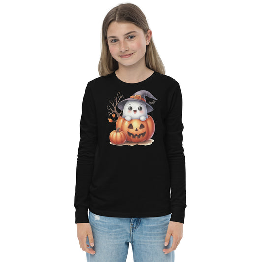 Halloween Youth Long Sleeve Shirt, Spooky and Sweet Ghost Design, 100% Airlume Combed Cotton, Regular Fit, Ribbed Cuff, 5 Colors Available, Soft & Durable, Perfect Halloween Gift for Kids