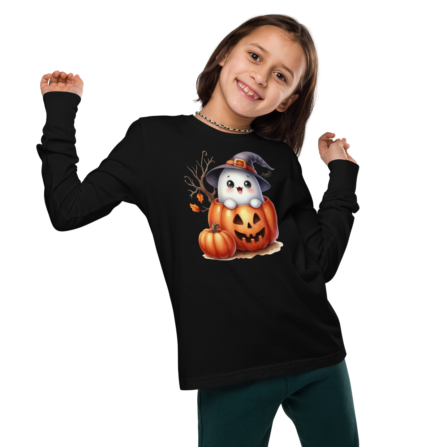 Halloween Youth Long Sleeve Shirt, Spooky and Sweet Ghost Design, 100% Airlume Combed Cotton, Regular Fit, Ribbed Cuff, 5 Colors Available, Soft & Durable, Perfect Halloween Gift for Kids