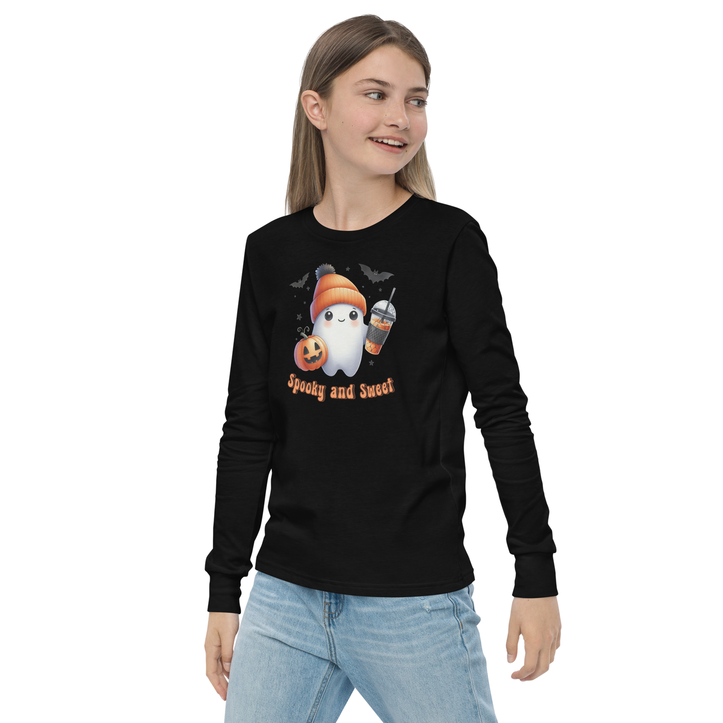 Halloween Youth Long Sleeve Shirt, Spooky and Sweet Ghost Design, 100% Airlume Combed Cotton, Regular Fit, Ribbed Cuff, 5 Colors Available, Soft & Durable, Perfect Halloween Gift for Kids