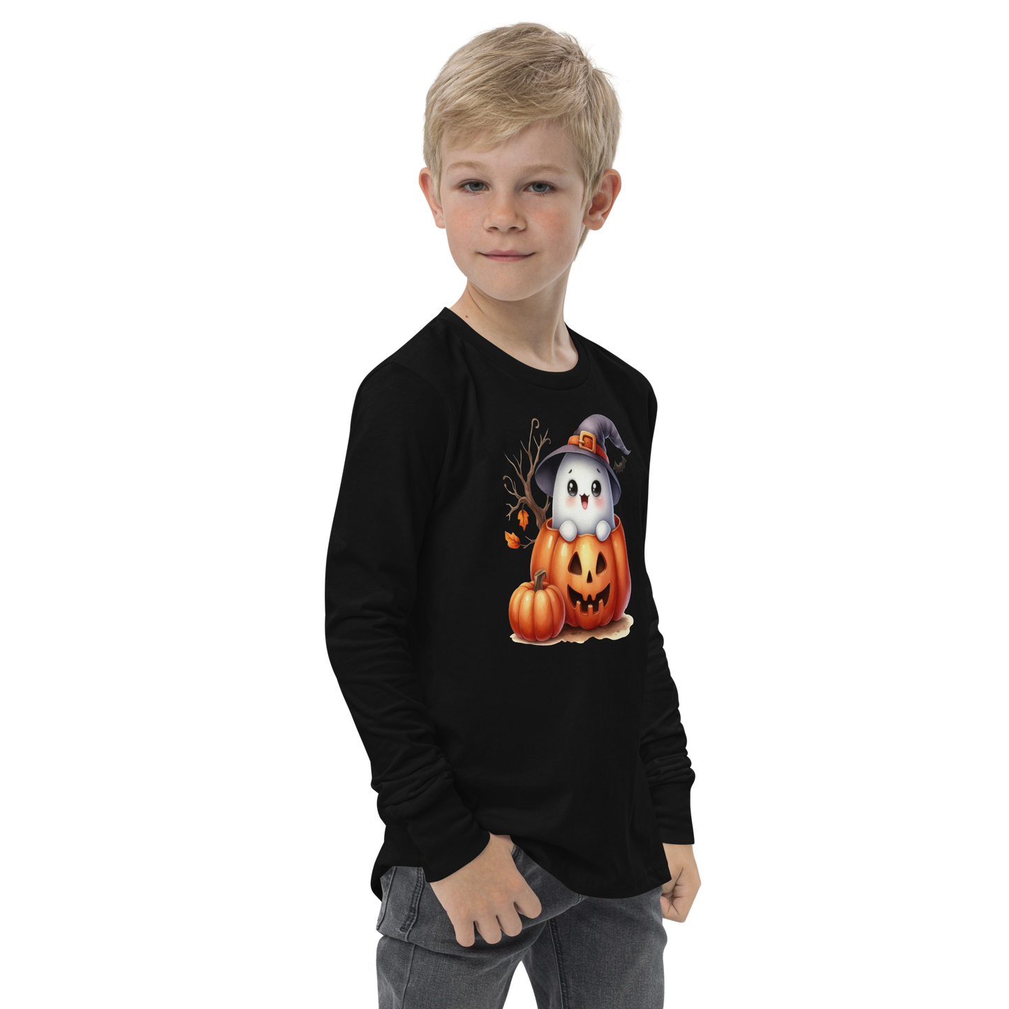 Halloween Youth Long Sleeve Shirt, Spooky and Sweet Ghost Design, 100% Airlume Combed Cotton, Regular Fit, Ribbed Cuff, 5 Colors Available, Soft & Durable, Perfect Halloween Gift for Kids