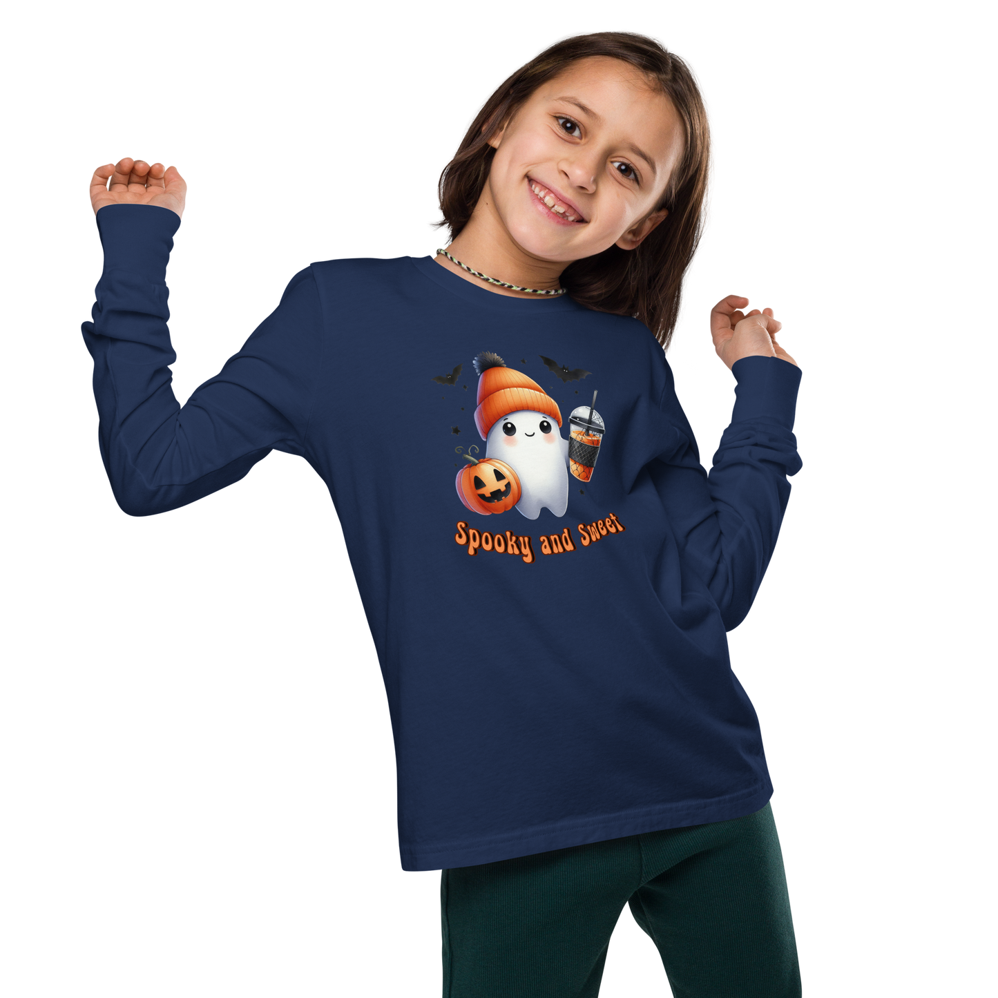 Halloween Youth Long Sleeve Shirt, Spooky and Sweet Ghost Design, 100% Airlume Combed Cotton, Regular Fit, Ribbed Cuff, 5 Colors Available, Soft & Durable, Perfect Halloween Gift for Kids