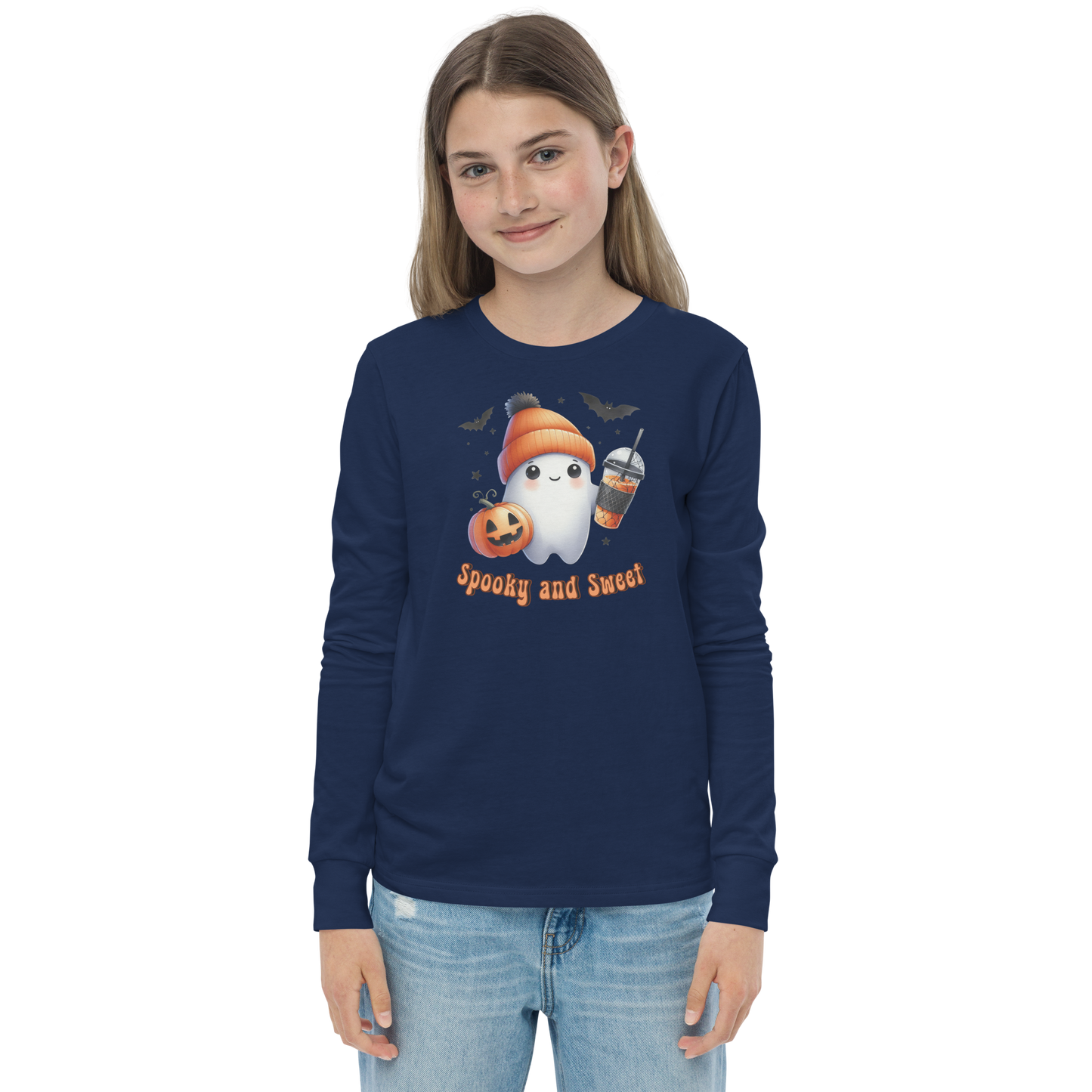 Halloween Youth Long Sleeve Shirt, Spooky and Sweet Ghost Design, 100% Airlume Combed Cotton, Regular Fit, Ribbed Cuff, 5 Colors Available, Soft & Durable, Perfect Halloween Gift for Kids