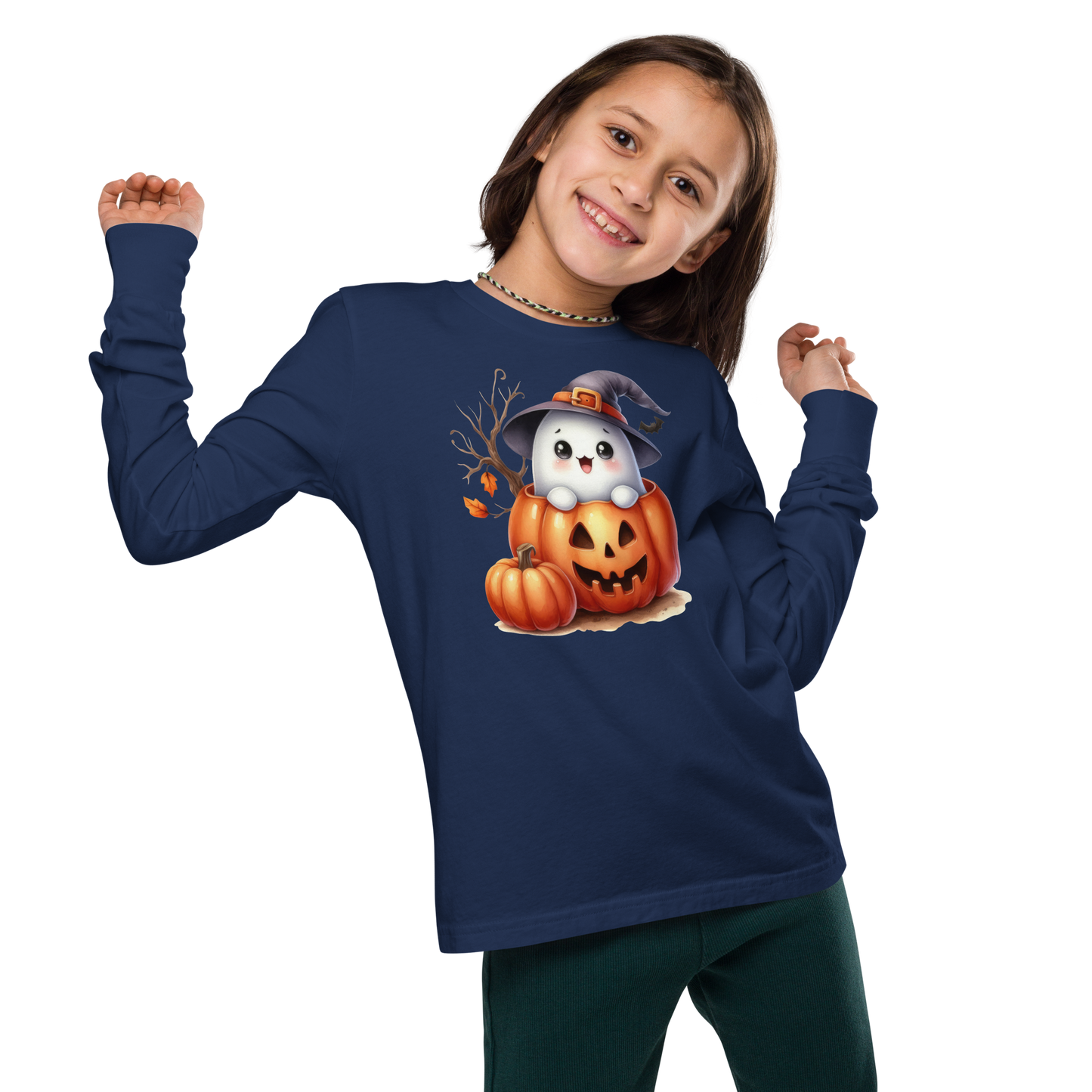 Halloween Youth Long Sleeve Shirt, Spooky and Sweet Ghost Design, 100% Airlume Combed Cotton, Regular Fit, Ribbed Cuff, 5 Colors Available, Soft & Durable, Perfect Halloween Gift for Kids