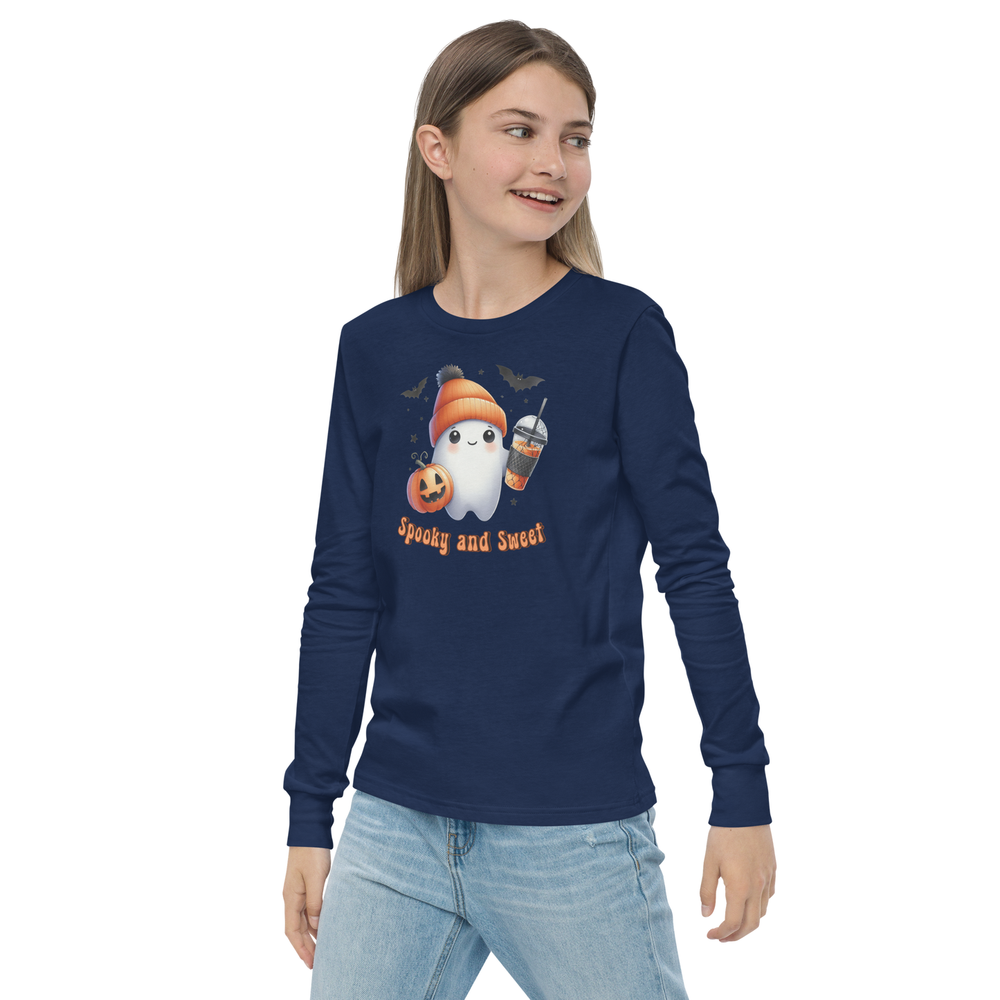 Halloween Youth Long Sleeve Shirt, Spooky and Sweet Ghost Design, 100% Airlume Combed Cotton, Regular Fit, Ribbed Cuff, 5 Colors Available, Soft & Durable, Perfect Halloween Gift for Kids