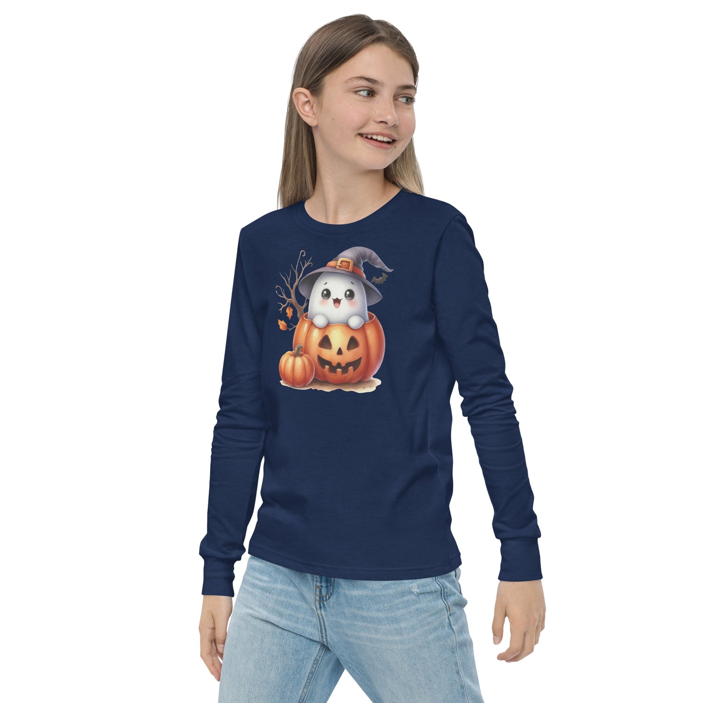 Halloween Youth Long Sleeve Shirt, Spooky and Sweet Ghost Design, 100% Airlume Combed Cotton, Regular Fit, Ribbed Cuff, 5 Colors Available, Soft & Durable, Perfect Halloween Gift for Kids