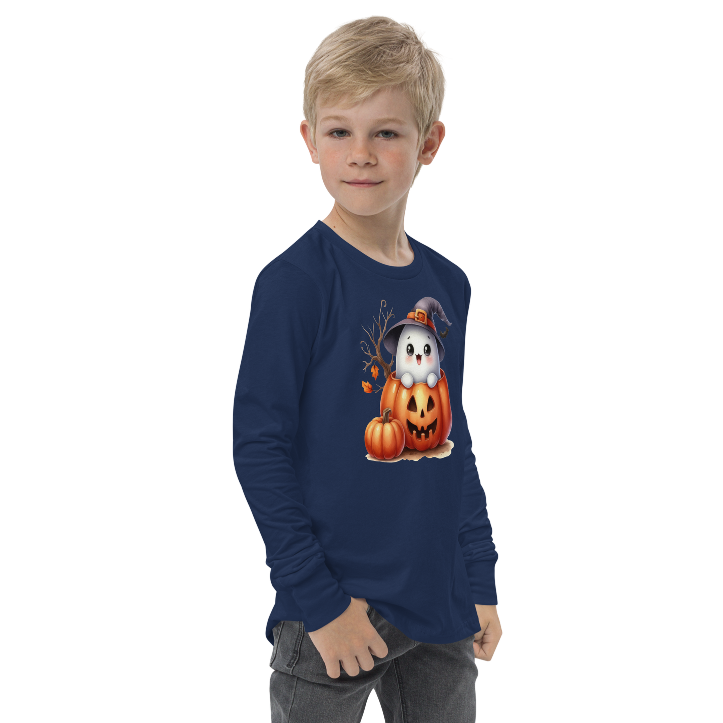 Halloween Youth Long Sleeve Shirt, Spooky and Sweet Ghost Design, 100% Airlume Combed Cotton, Regular Fit, Ribbed Cuff, 5 Colors Available, Soft & Durable, Perfect Halloween Gift for Kids