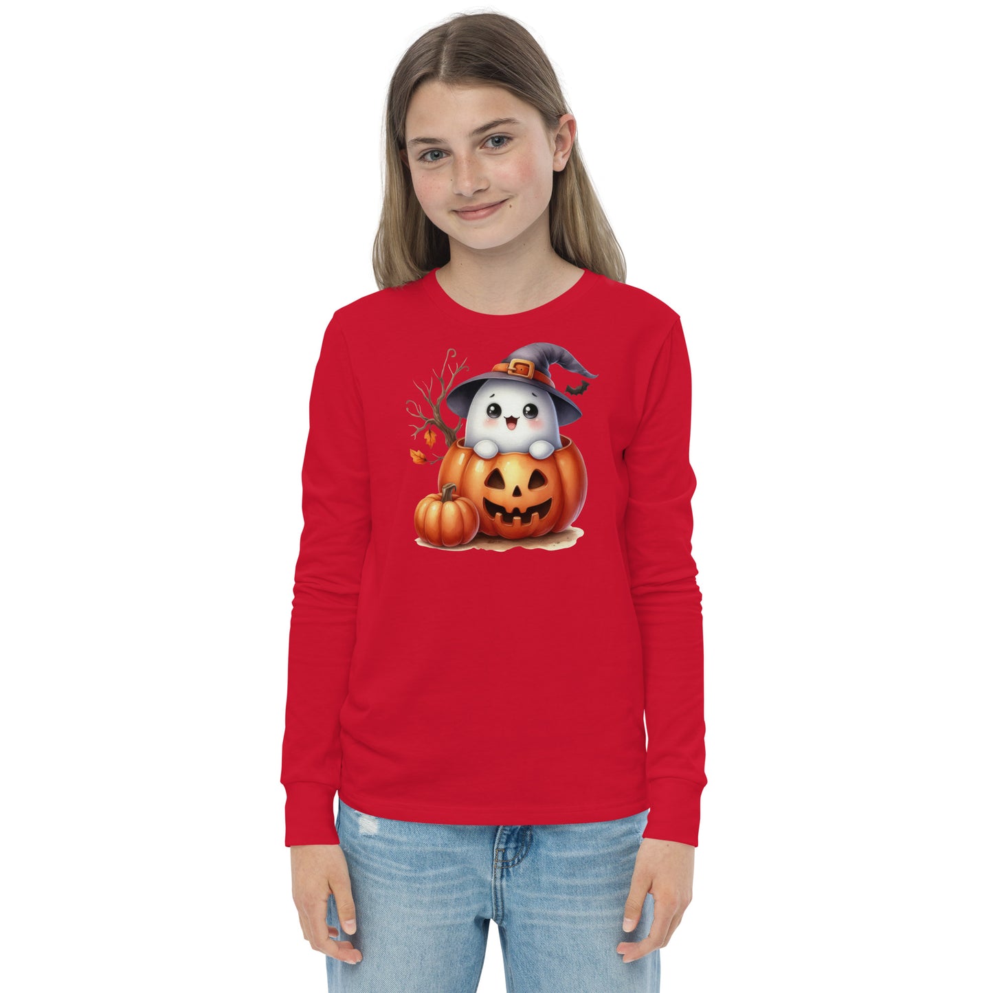 Halloween Youth Long Sleeve Shirt, Spooky and Sweet Ghost Design, 100% Airlume Combed Cotton, Regular Fit, Ribbed Cuff, 5 Colors Available, Soft & Durable, Perfect Halloween Gift for Kids