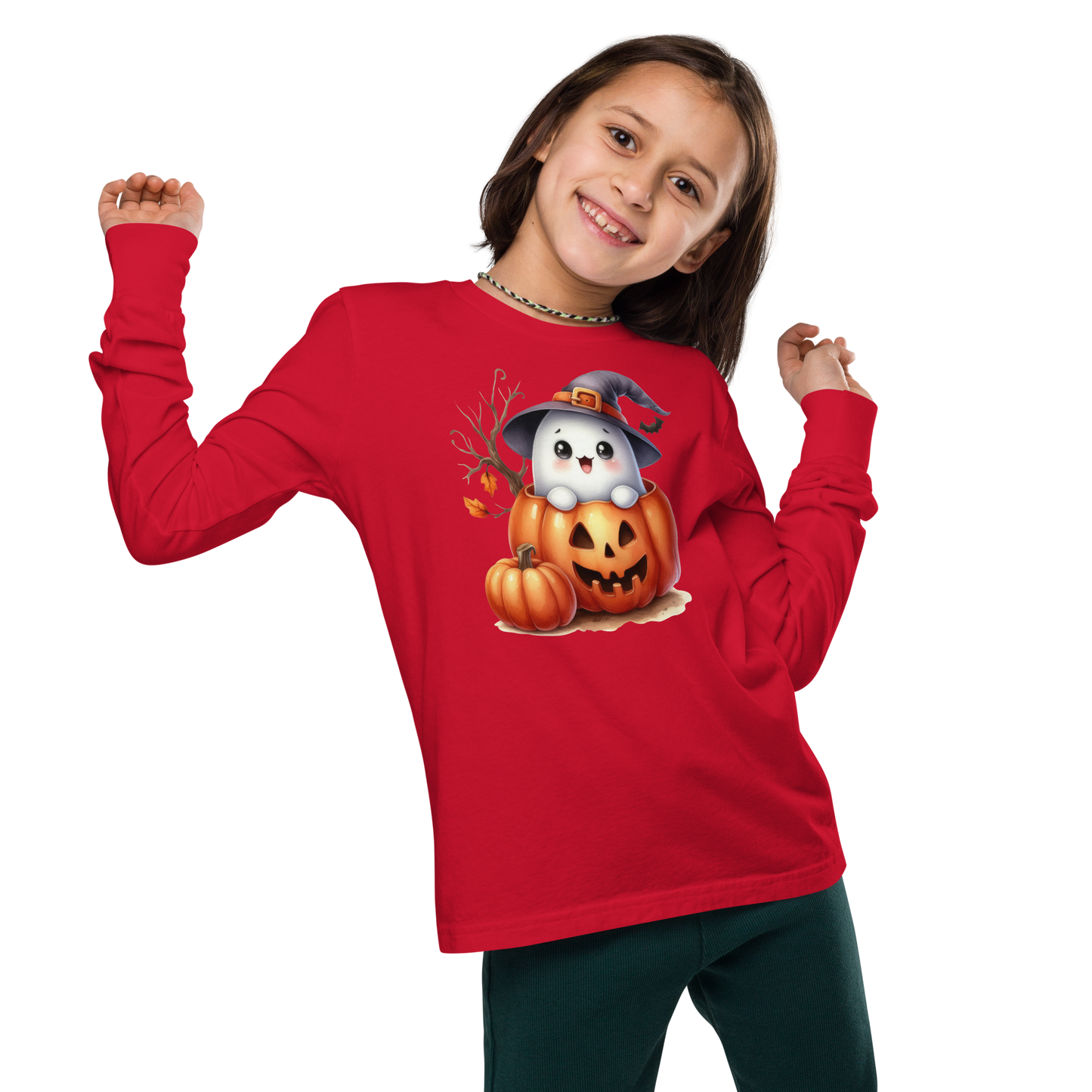 Halloween Youth Long Sleeve Shirt, Spooky and Sweet Ghost Design, 100% Airlume Combed Cotton, Regular Fit, Ribbed Cuff, 5 Colors Available, Soft & Durable, Perfect Halloween Gift for Kids