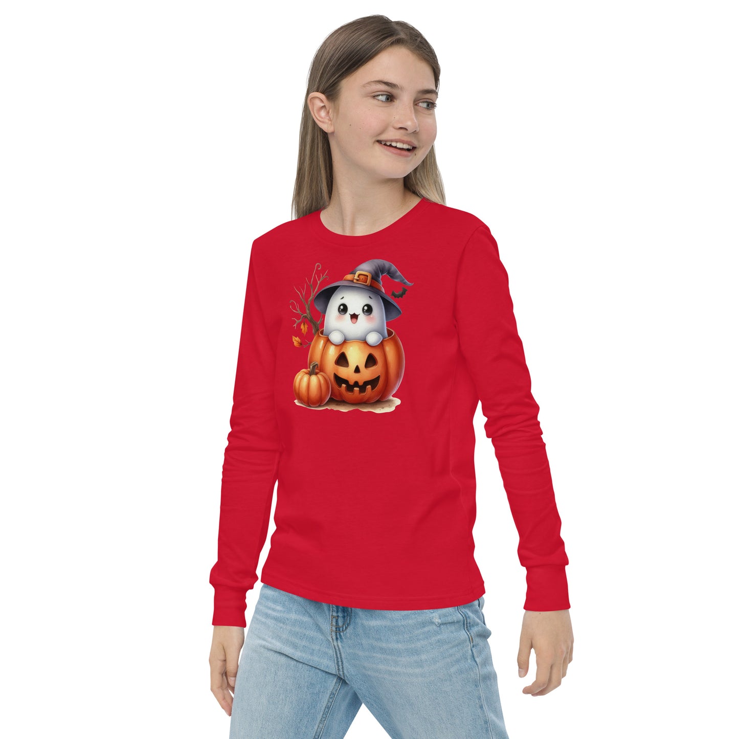 Halloween Youth Long Sleeve Shirt, Spooky and Sweet Ghost Design, 100% Airlume Combed Cotton, Regular Fit, Ribbed Cuff, 5 Colors Available, Soft & Durable, Perfect Halloween Gift for Kids