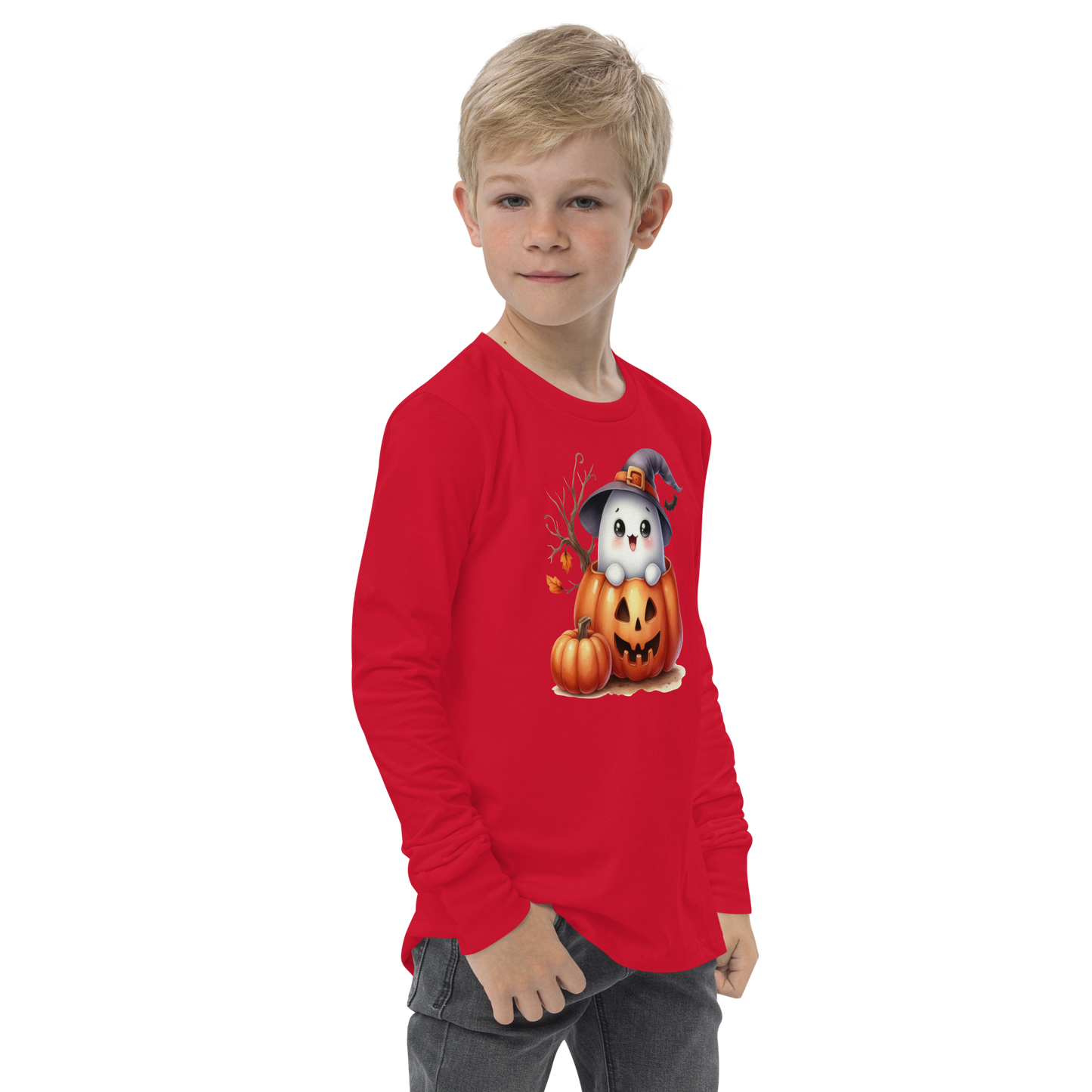 Halloween Youth Long Sleeve Shirt, Spooky and Sweet Ghost Design, 100% Airlume Combed Cotton, Regular Fit, Ribbed Cuff, 5 Colors Available, Soft & Durable, Perfect Halloween Gift for Kids