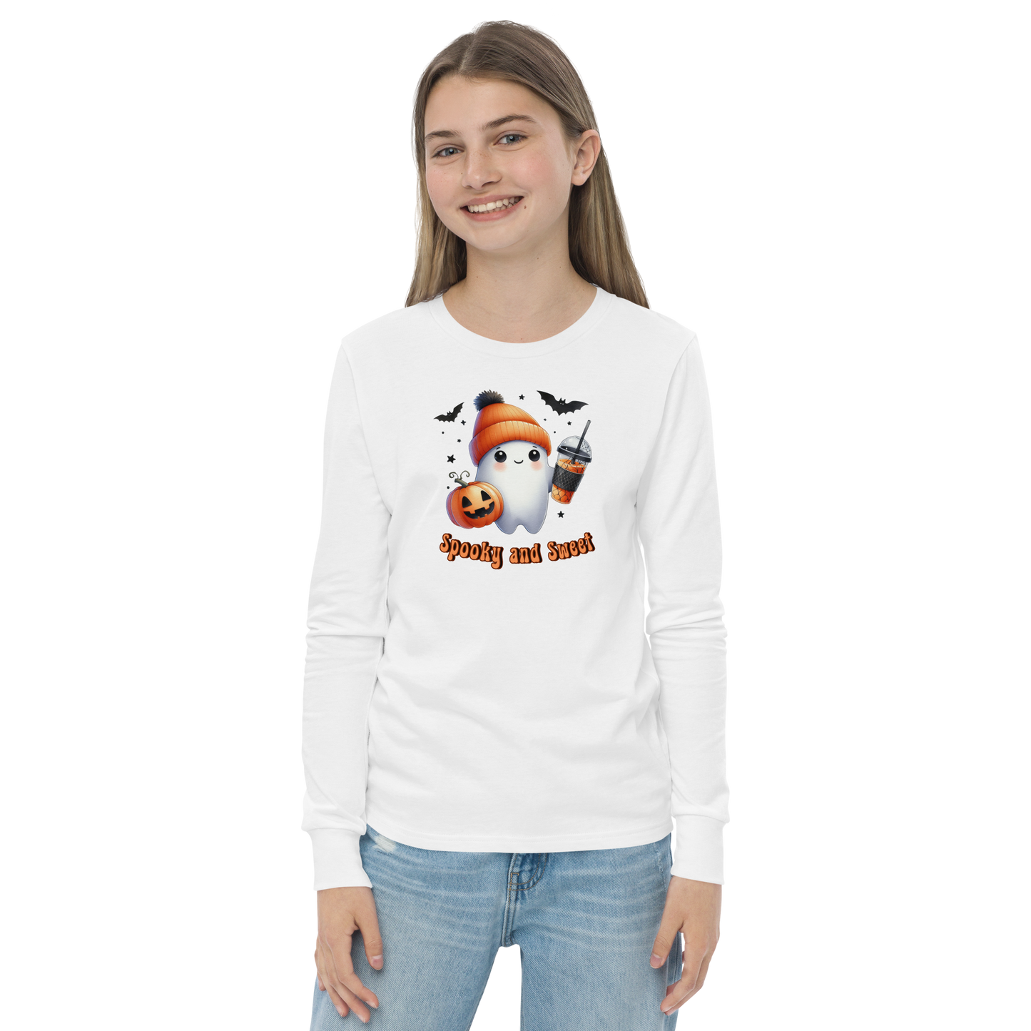 Halloween Youth Long Sleeve Shirt, Spooky and Sweet Ghost Design, 100% Airlume Combed Cotton, Regular Fit, Ribbed Cuff, 5 Colors Available, Soft & Durable, Perfect Halloween Gift for Kids