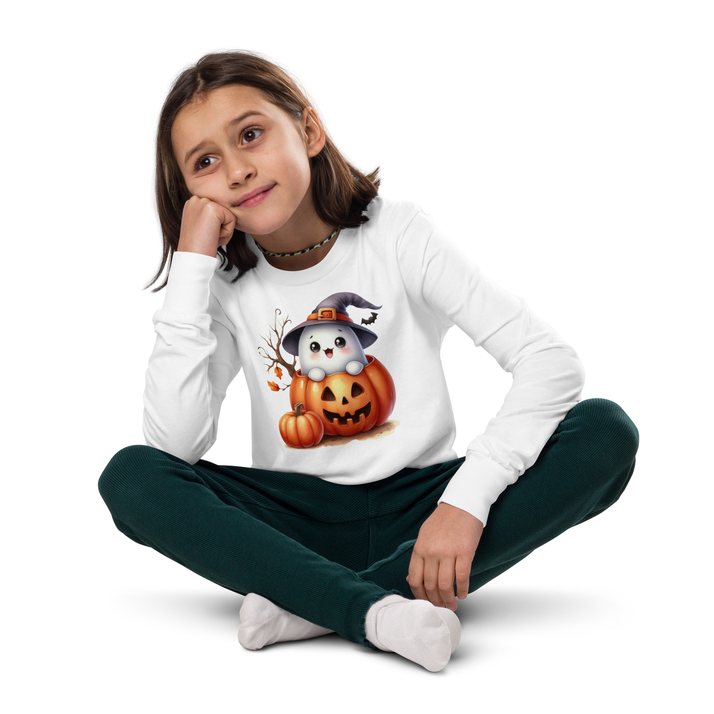 Halloween Youth Long Sleeve Shirt, Spooky and Sweet Ghost Design, 100% Airlume Combed Cotton, Regular Fit, Ribbed Cuff, 5 Colors Available, Soft & Durable, Perfect Halloween Gift for Kids