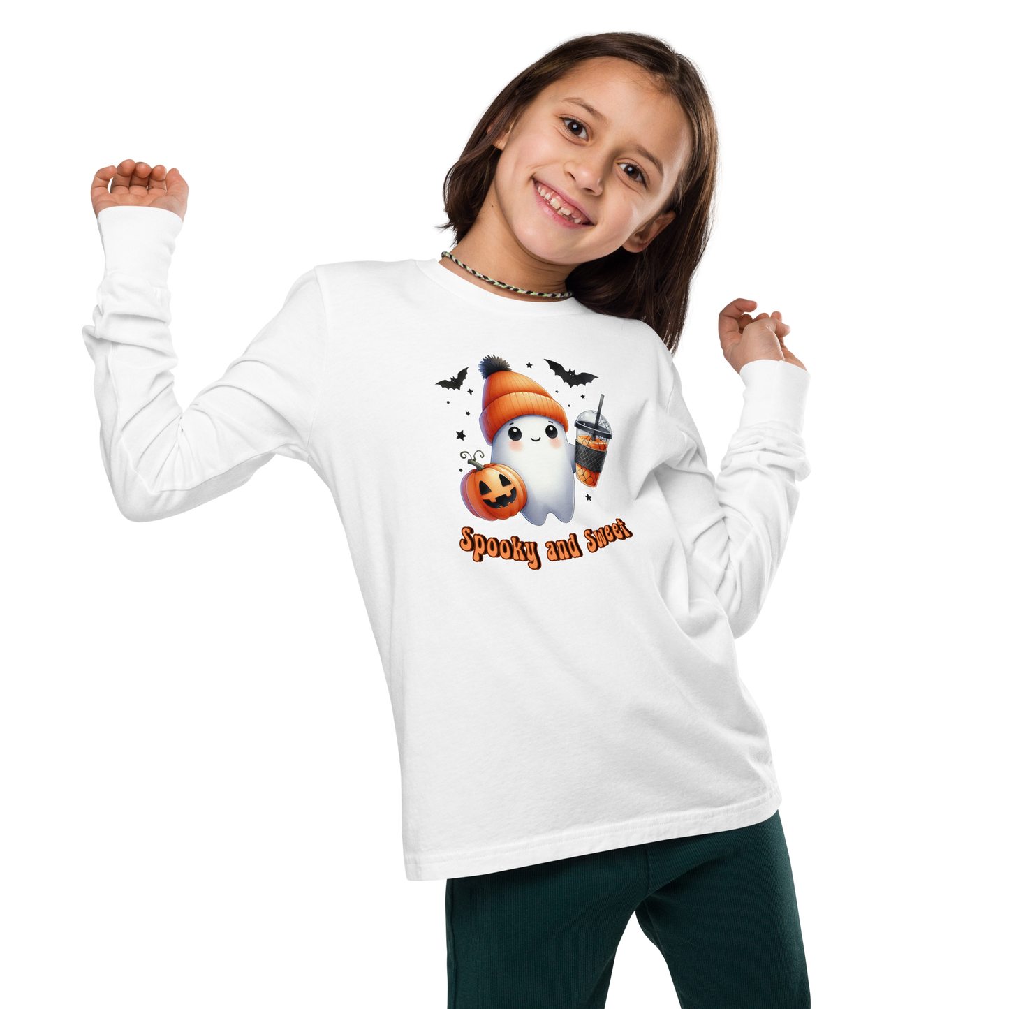 Halloween Youth Long Sleeve Shirt, Spooky and Sweet Ghost Design, 100% Airlume Combed Cotton, Regular Fit, Ribbed Cuff, 5 Colors Available, Soft & Durable, Perfect Halloween Gift for Kids