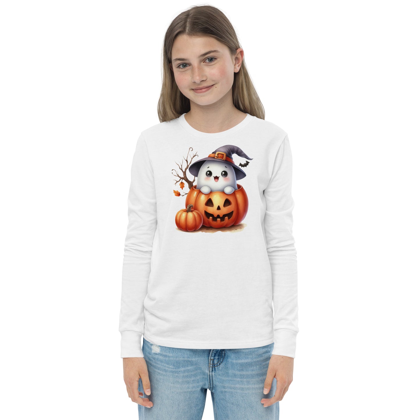 Halloween Youth Long Sleeve Shirt, Spooky and Sweet Ghost Design, 100% Airlume Combed Cotton, Regular Fit, Ribbed Cuff, 5 Colors Available, Soft & Durable, Perfect Halloween Gift for Kids