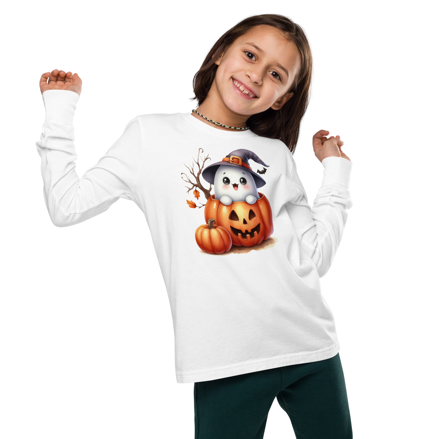 Halloween Youth Long Sleeve Shirt, Spooky and Sweet Ghost Design, 100% Airlume Combed Cotton, Regular Fit, Ribbed Cuff, 5 Colors Available, Soft & Durable, Perfect Halloween Gift for Kids