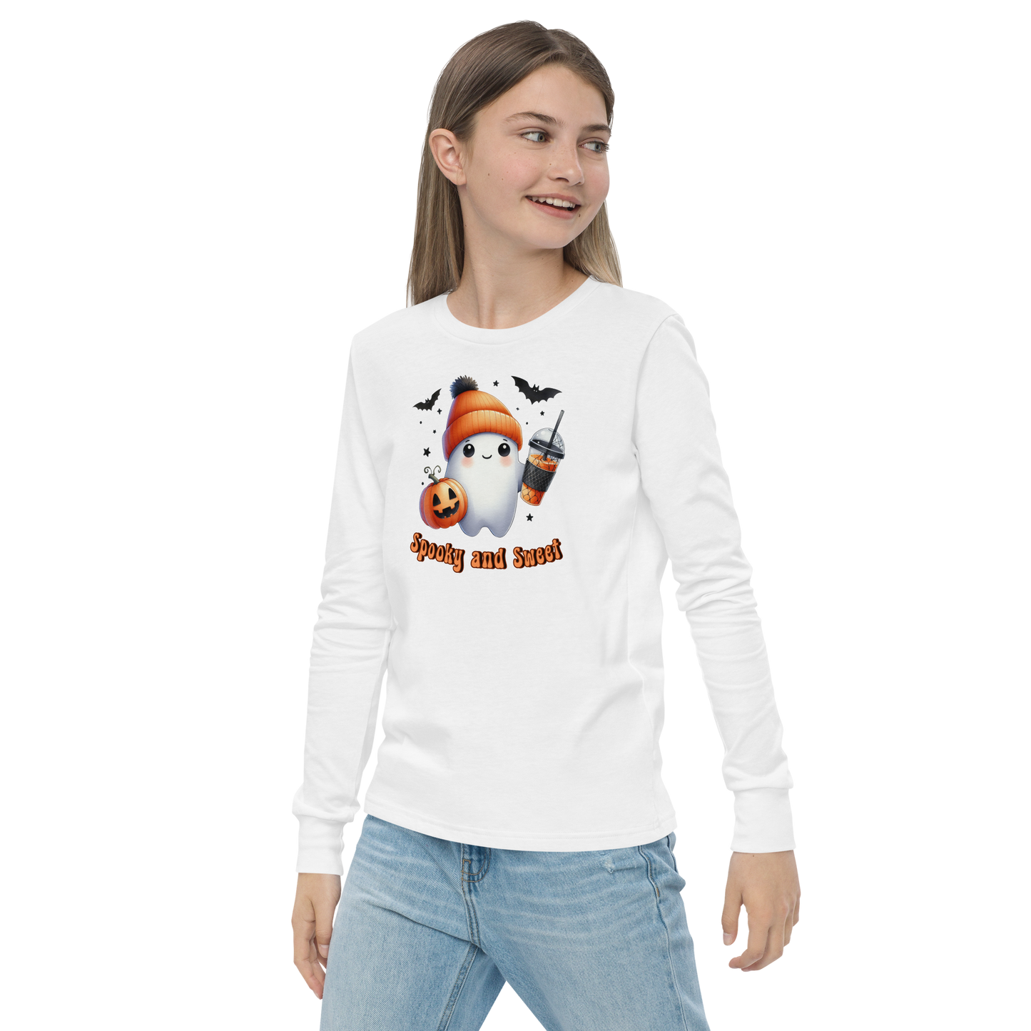 Halloween Youth Long Sleeve Shirt, Spooky and Sweet Ghost Design, 100% Airlume Combed Cotton, Regular Fit, Ribbed Cuff, 5 Colors Available, Soft & Durable, Perfect Halloween Gift for Kids