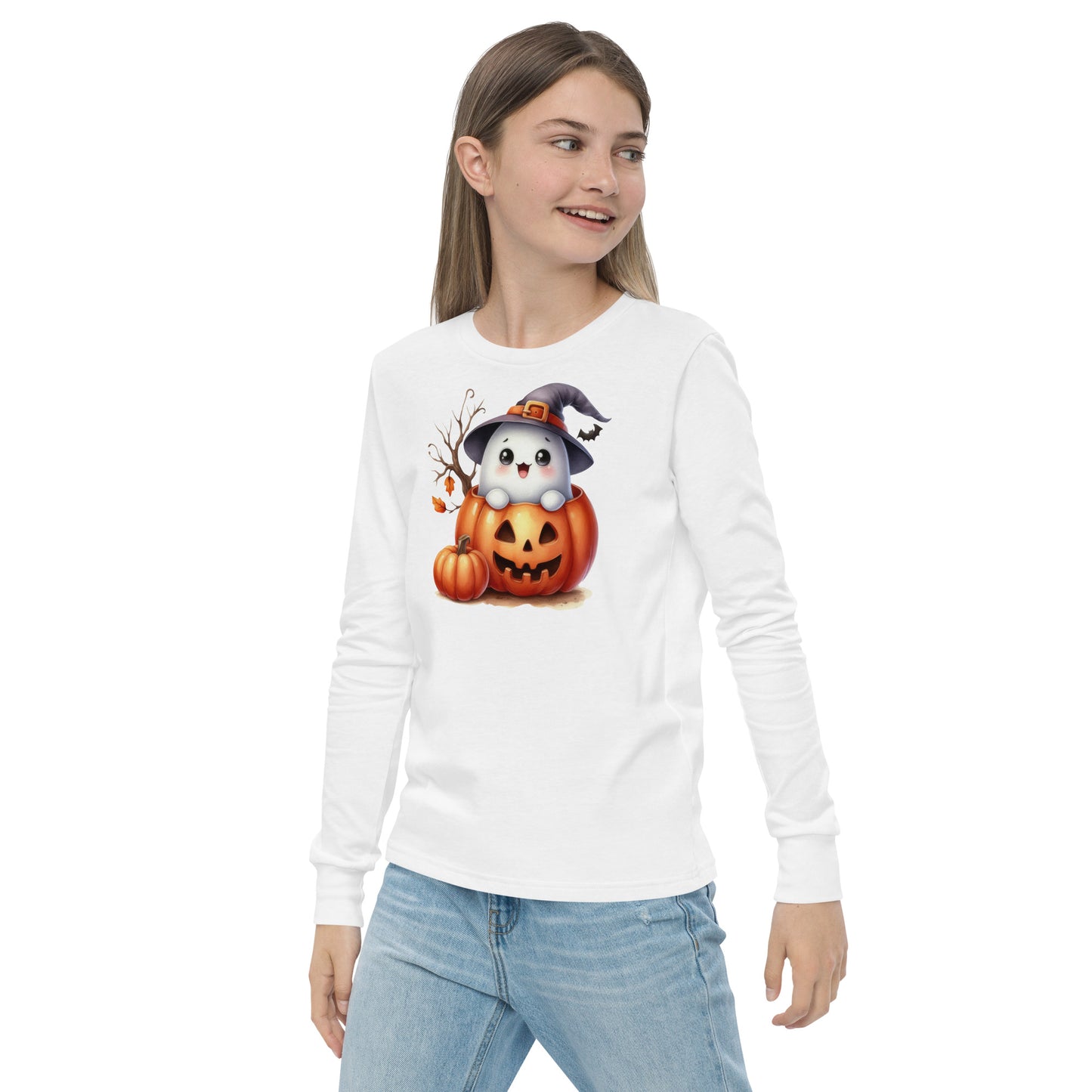 Halloween Youth Long Sleeve Shirt, Spooky and Sweet Ghost Design, 100% Airlume Combed Cotton, Regular Fit, Ribbed Cuff, 5 Colors Available, Soft & Durable, Perfect Halloween Gift for Kids