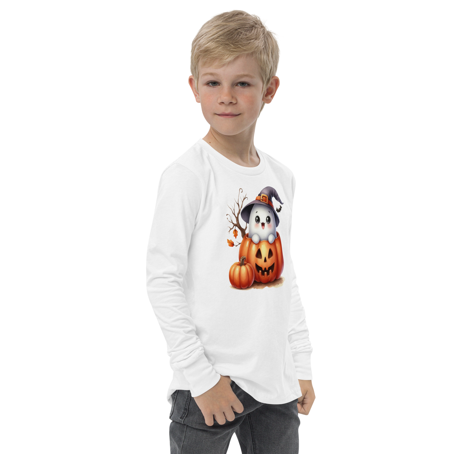 Halloween Youth Long Sleeve Shirt, Spooky and Sweet Ghost Design, 100% Airlume Combed Cotton, Regular Fit, Ribbed Cuff, 5 Colors Available, Soft & Durable, Perfect Halloween Gift for Kids