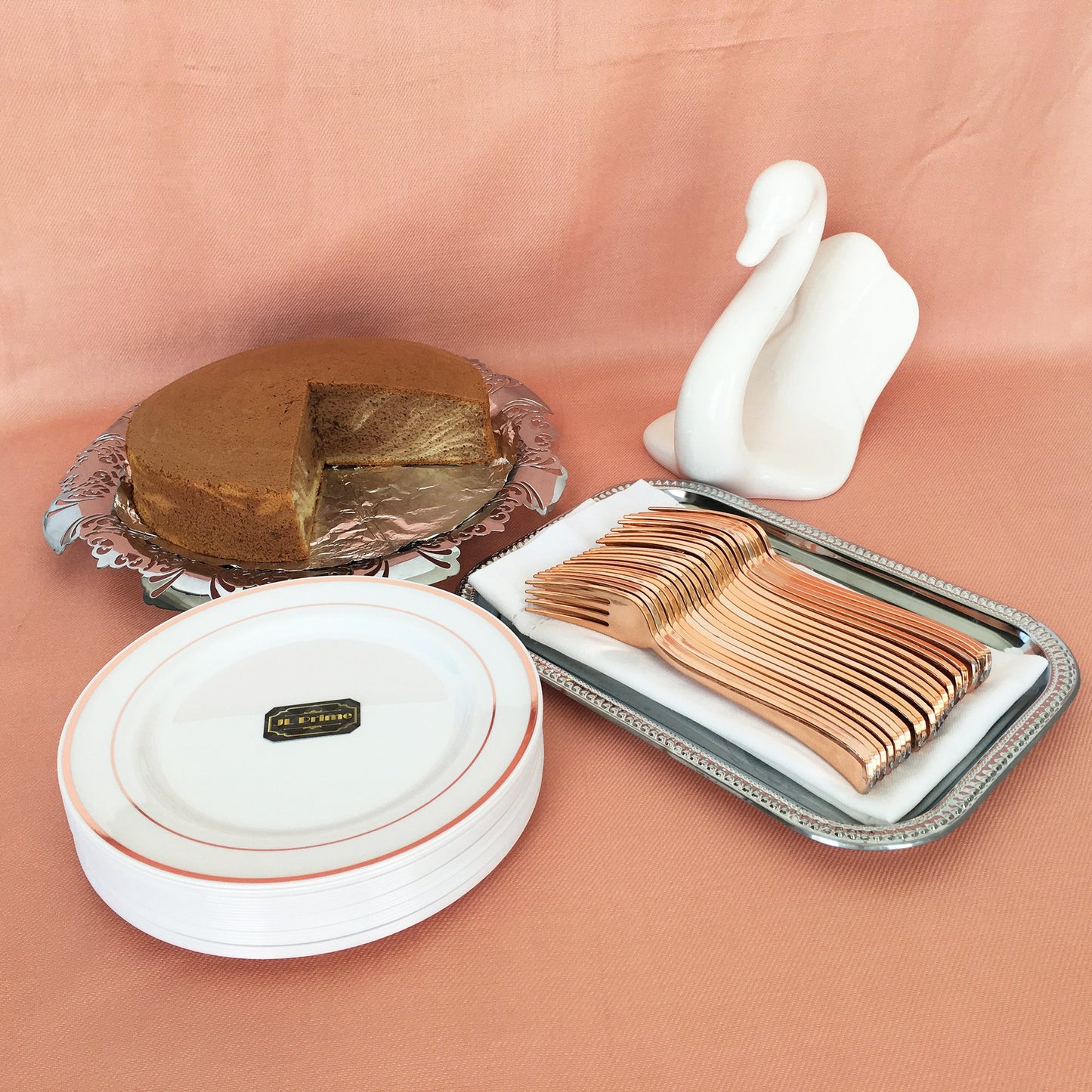 JL Prime 50 Piece Rose Gold Plastic Plates for 25 Guests, Heavy Duty Reusable Disposable Plastic Plates with Rose Gold Rim for Party and Wedding with 25 Dinner Plates and 25 Salad Plates
