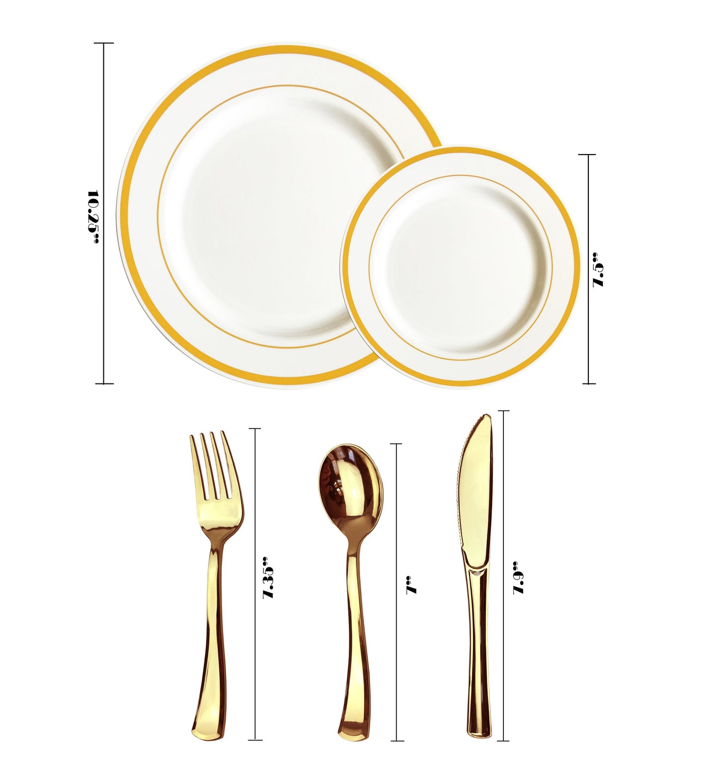 JL Prime 125 Piece Gold Plastic Plates & Cutlery Set, Heavy Duty Disposable Plastic Plates with Gold Rim & Silverware, 25 Dinner Plates, 25 Salad Plates, 25 Forks, 25 Knives, 25 Spoons