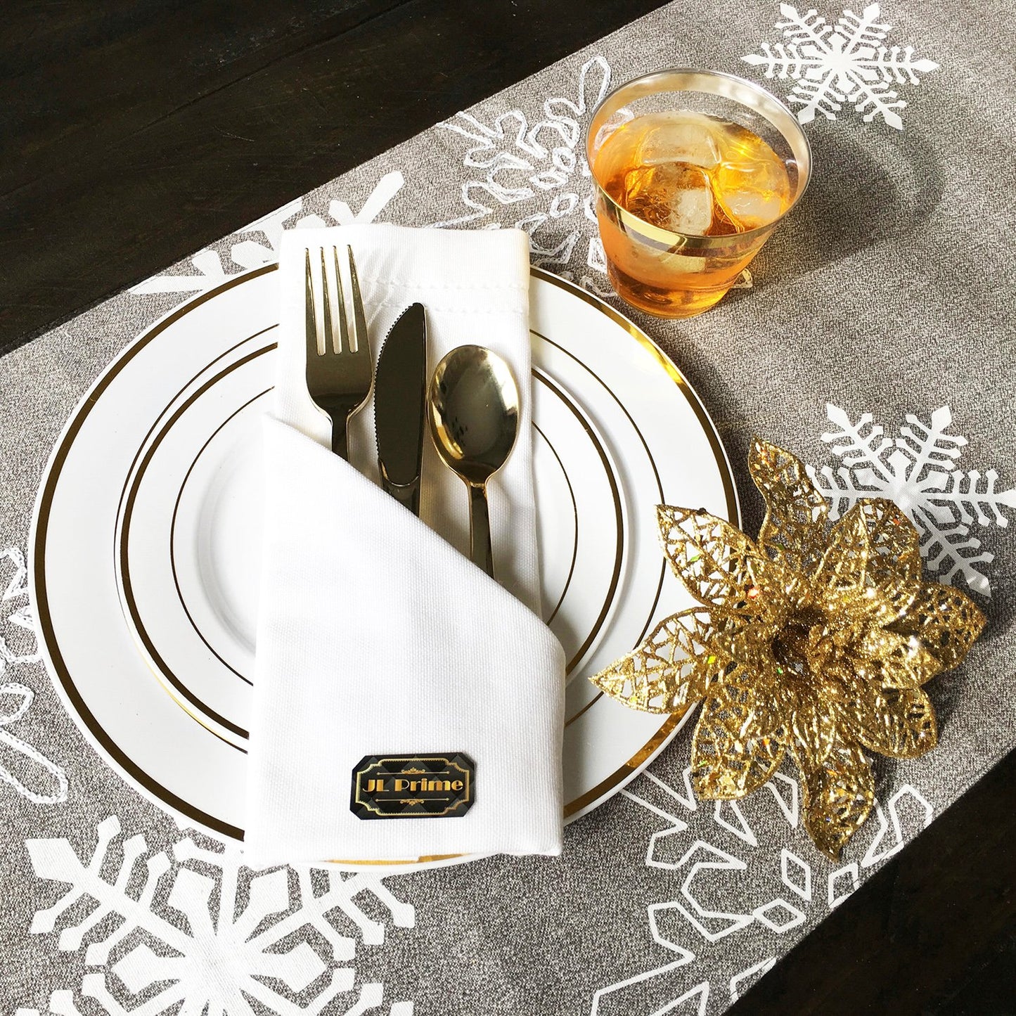 JL Prime 125 Piece Gold Plastic Plates & Cutlery Set, Heavy Duty Disposable Plastic Plates with Gold Rim & Silverware, 25 Dinner Plates, 25 Salad Plates, 25 Forks, 25 Knives, 25 Spoons