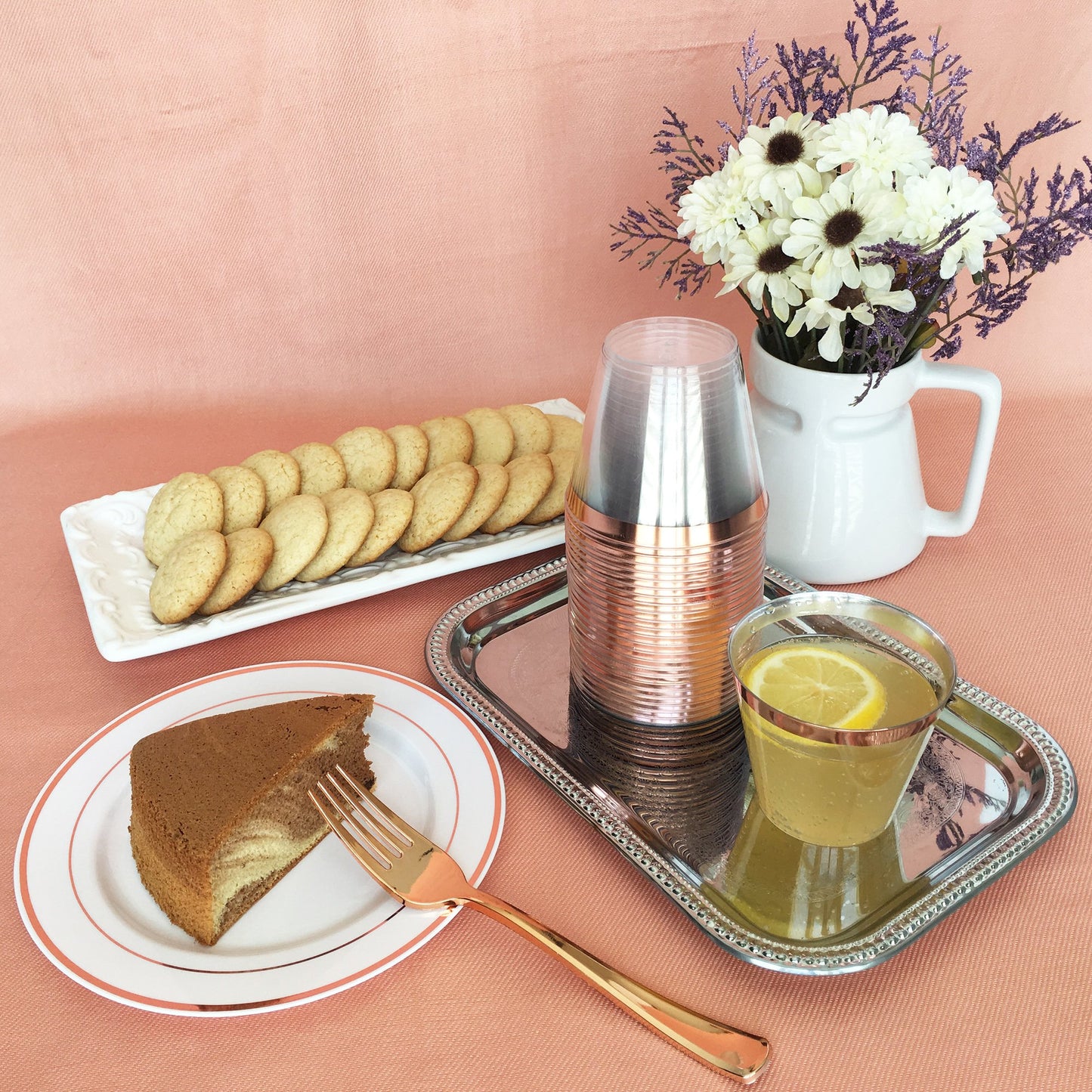 JL Prime 50 Piece Rose Gold Plastic Plates for 25 Guests, Heavy Duty Reusable Disposable Plastic Plates with Rose Gold Rim for Party and Wedding with 25 Dinner Plates and 25 Salad Plates