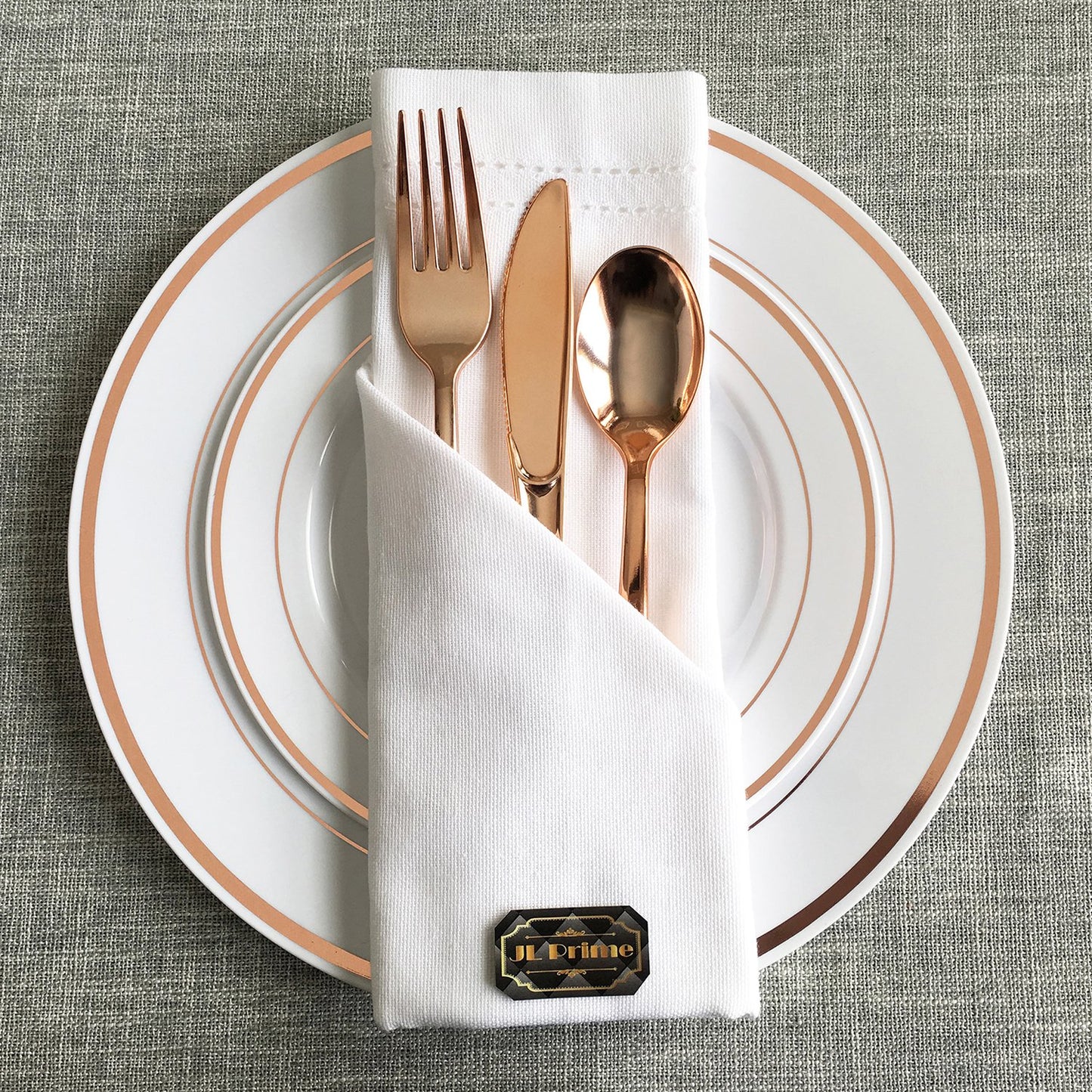 JL Prime 25 Piece 10 Inch Rose Gold Plastic Dinner Plates Bulk Set, Heavy Duty Reusable Disposable Plastic Plates with Rose Gold Rim for Party and Wedding