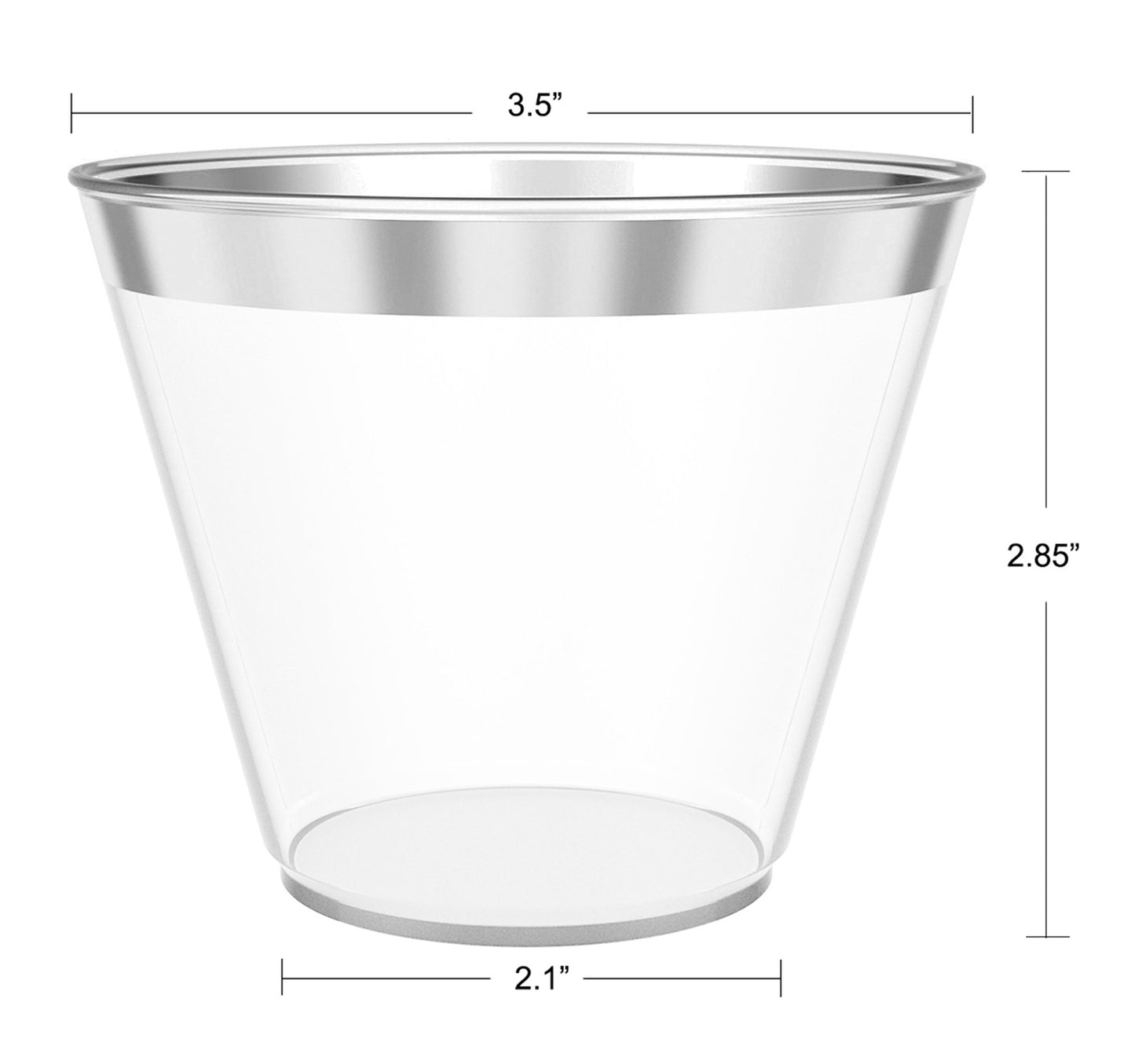 JL Prime 100 Silver Plastic Cups, 9 Oz Heavy Duty Reusable Disposable Silver Rim Clear Plastic Cups, Old Fashioned Tumblers, Hard Plastic Drinking Cups for Party and Wedding