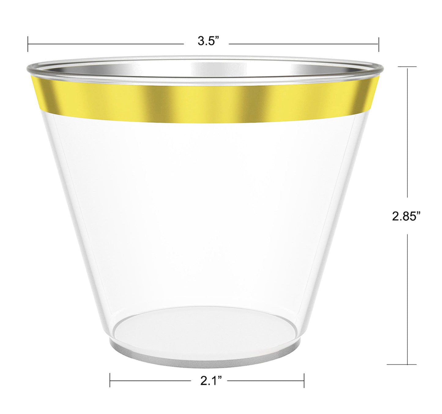 JL Prime 100 Gold Plastic Cups, 9 Oz Heavy Duty Reusable Disposable Gold Rim Clear Plastic Cups, Old Fashioned Tumblers, Hard Plastic Drinking Cups for Party and Wedding