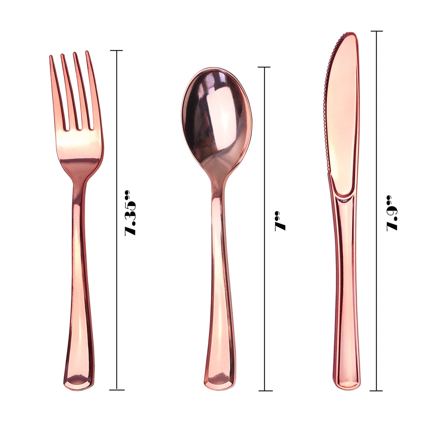 JL Prime 75 Rose Gold Plastic Silverware Set, Rose Gold Plastic Cutlery Set, Heavy Duty Utensils for Party & Wedding, Disposable Rose Gold Flatware, 25 Forks, 25 Spoons, 25 Knives