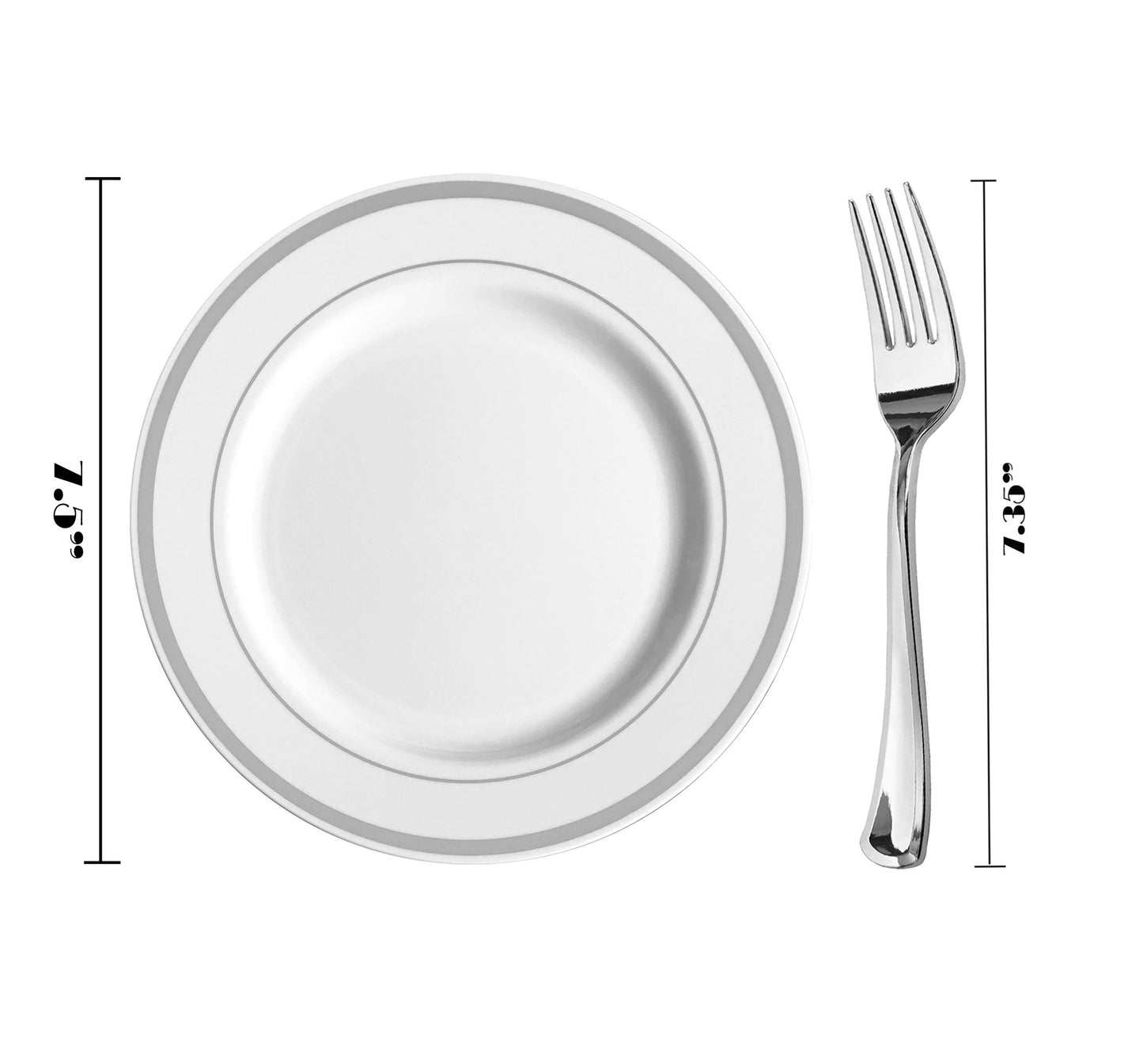 JL Prime 50 Pack 25 Silver 7.35 Inch Small Plastic Plates & 25 Forks Set, Heavy Duty Disposable Plastic Plates with Silver Rim & Silverware for Party & Wedding, Salad/Dessert/Cake Plates and Forks