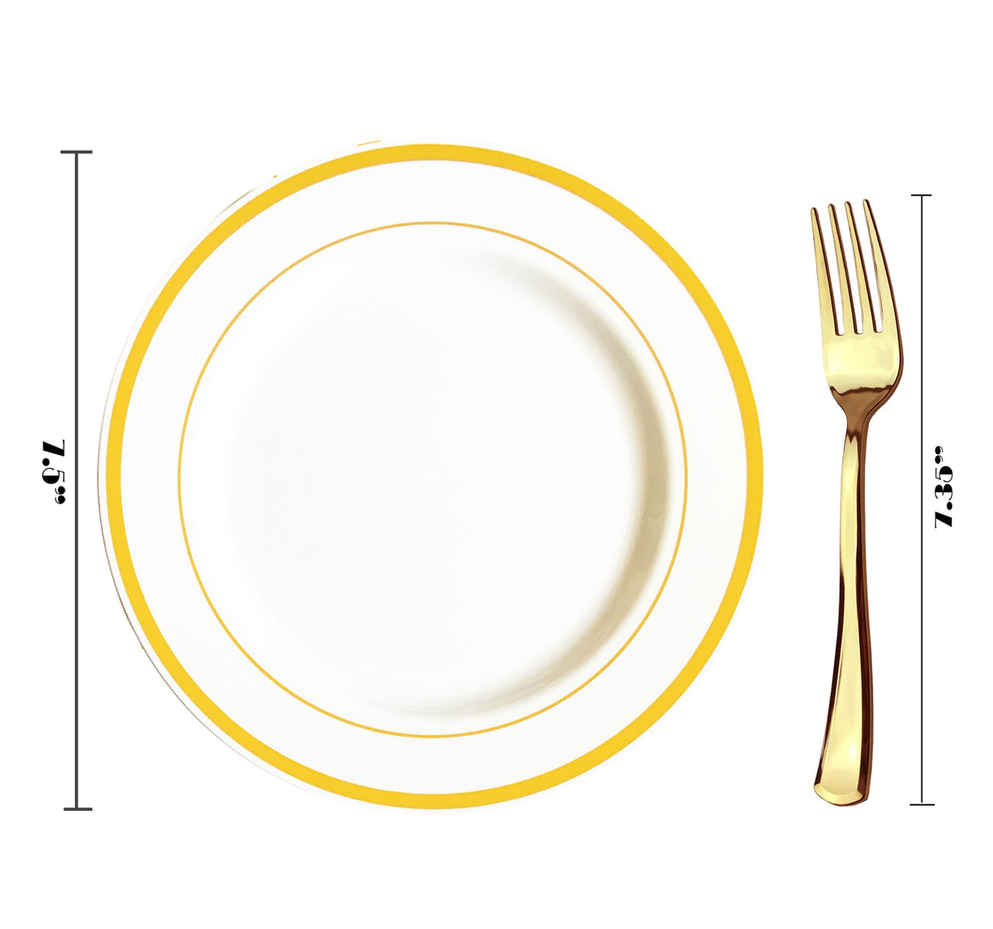 JL Prime 50 Pack 25 Gold 7.35 Inch Small Plastic Plates & 25 Forks Set, Heavy Duty Disposable Plastic Plates with Gold Rim & Silverware for Party & Wedding, Salad/Dessert/Cake Plates and Forks