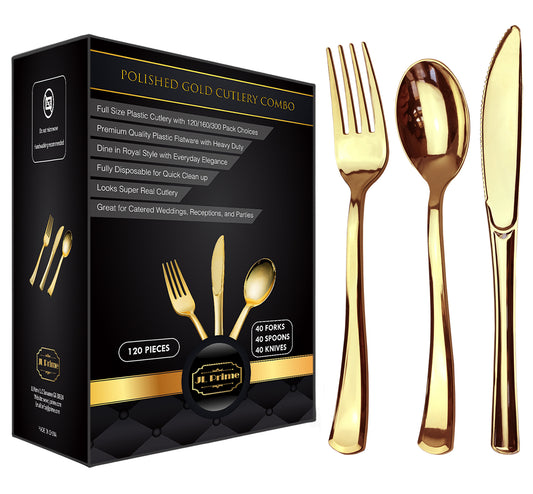 JL Prime 120 Gold Plastic Silverware Set, Gold Plastic Cutlery Set, Heavy Duty Utensils for Party and Wedding, Disposable Gold Flatware, 40 Plastic Forks, 40 Plastic Spoons, 40 Plastic Knives