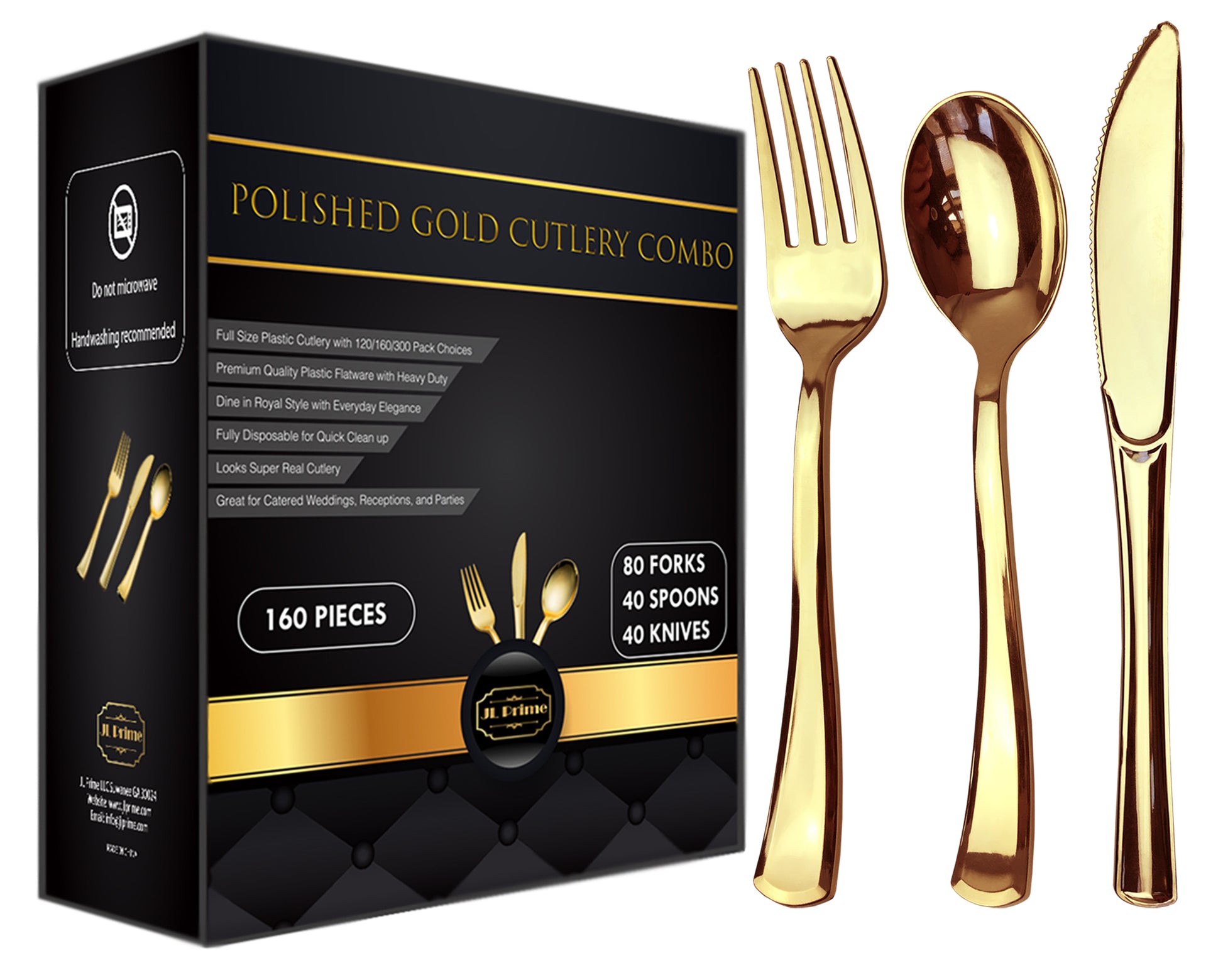 JL Prime 160 Gold Plastic Silverware Set, Heavy Duty Disposable Reusable Cutlery for Party & Wedding, 80 Forks, 40 Spoons, 40 Knives