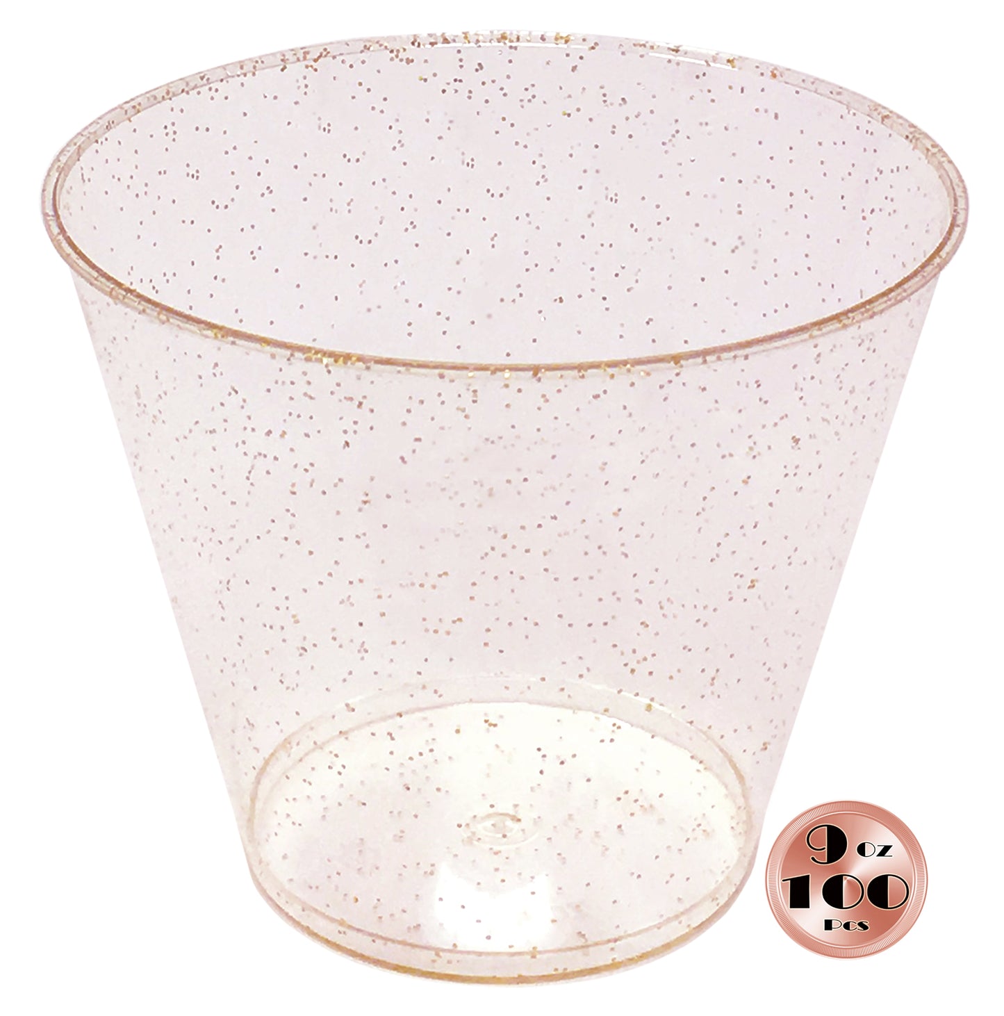JL Prime 100 Rose Gold Glitter Plastic Cups, 9 Oz Heavy Duty Reusable Disposable Rose Gold Glitter Clear Plastic Cups, Old Fashioned Tumblers, Hard Plastic Drinking Cups for Party and Wedding