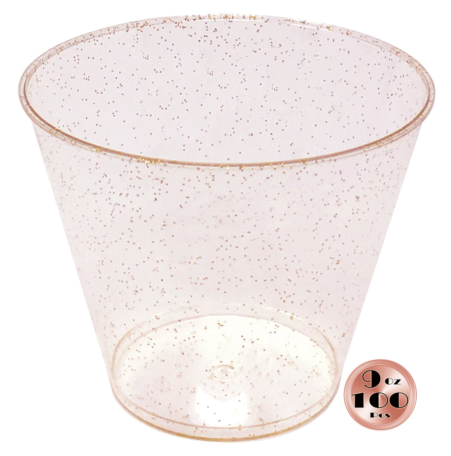 JL Prime 100 Rose Gold Glitter Plastic Cups, 9 oz Heavy Duty Reusable Disposable Rose Gold Glitter Clear Plastic Cups, Old Fashioned Tumblers