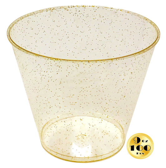JL Prime 100 Gold Glitter Plastic Cups, 9 Oz Heavy Duty Reusable Disposable Gold Glitter Clear Plastic Cups, Old Fashioned Tumblers, Hard Plastic Drinking Cups for Party and Wedding