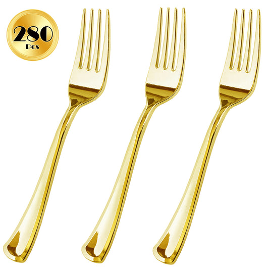 JL Prime 280 Piece Gold Plastic Forks Bulk Set, Gold Plastic Cutlery Set, Heavy Duty Utensils for Party & Wedding, Disposable Gold Flatware, Gold Plastic Forks 280 Pack