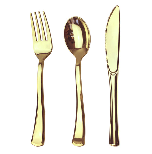 JL Prime 75 Gold Plastic Silverware Set, Gold Plastic Cutlery Set, Heavy Duty Utensils for Party & Wedding, Disposable Gold Flatware, 25 Plastic Forks, 25 Plastic Spoons, 25 Plastic Knives