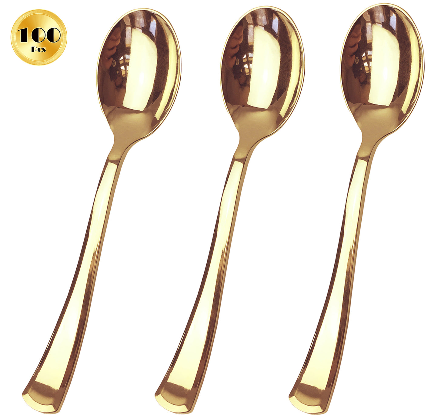 JL Prime 100 Piece Gold Plastic Spoons Bulk Set, Gold Plastic Cutlery Set, Heavy Duty Utensils for Party & Wedding, Disposable Gold Flatware, Gold Plastic Spoons 100 Pack