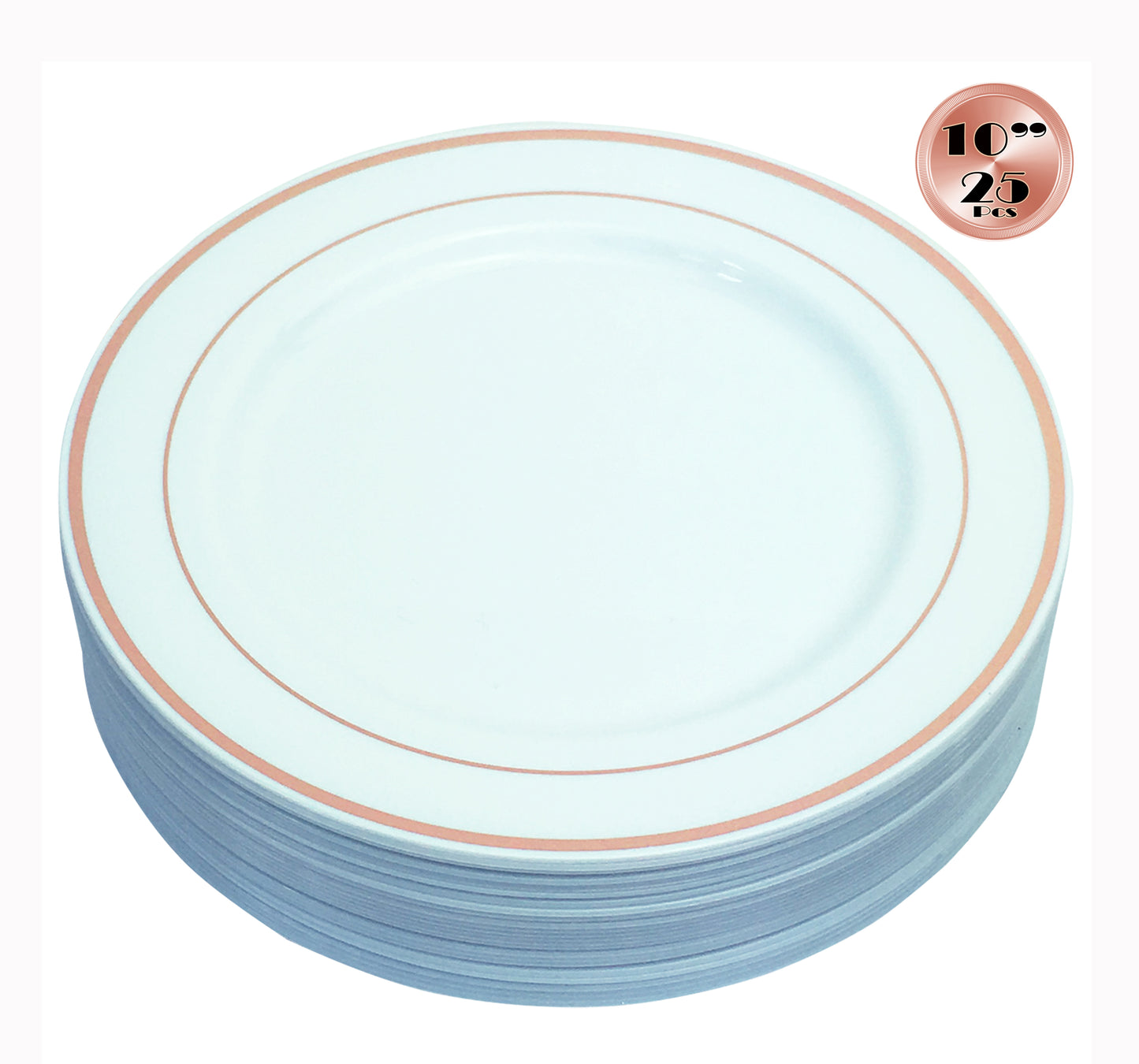 JL Prime 25 Piece 10 Inch Rose Gold Plastic Dinner Plates Bulk Set, Heavy Duty Reusable Disposable Plastic Plates with Rose Gold Rim for Party and Wedding