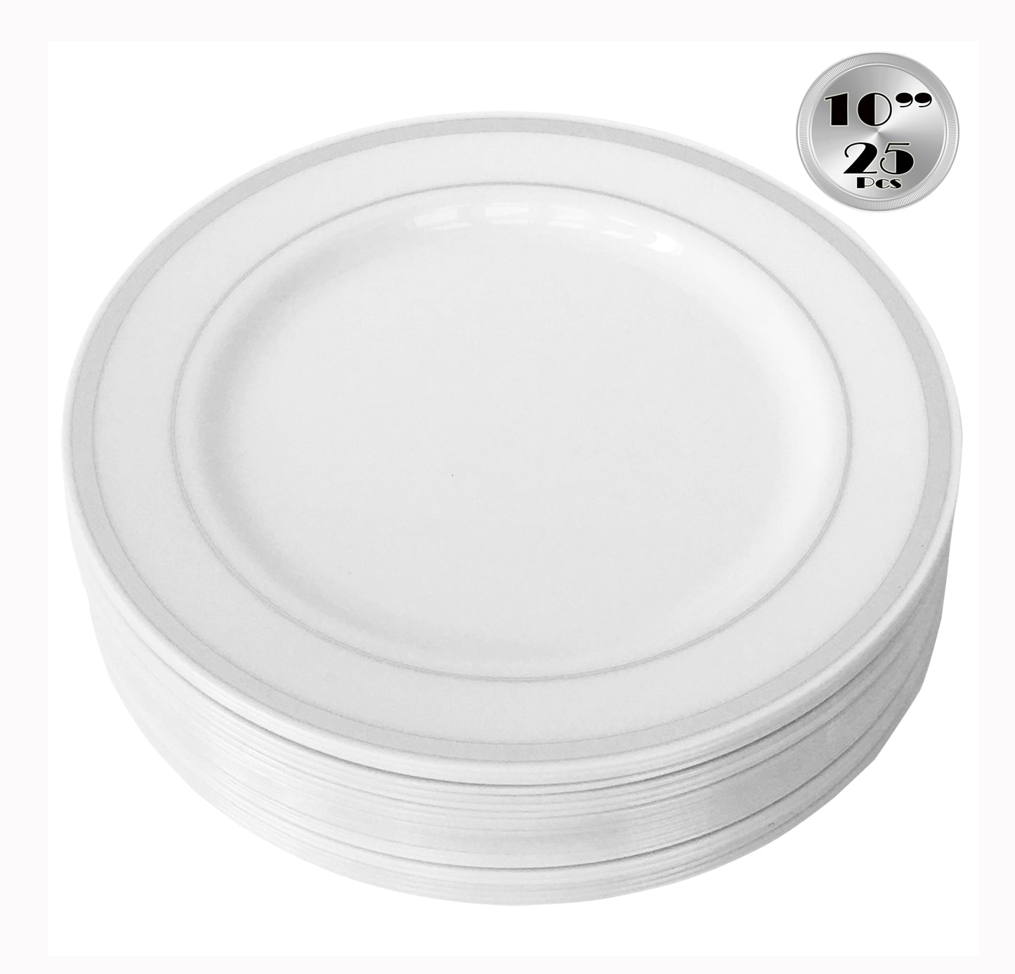 JL Prime 25 Piece 10 Inch Silver Plastic Dinner Plates Bulk Set, Heavy Duty Reusable Disposable Plastic Plates with Silver Rim for Party and Wedding