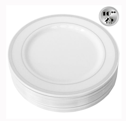 JL Prime 25 Piece 10 Inch Silver Plastic Dinner Plates Bulk Set, Heavy Duty Reusable Disposable Plastic Plates with Silver Rim for Party and Wedding