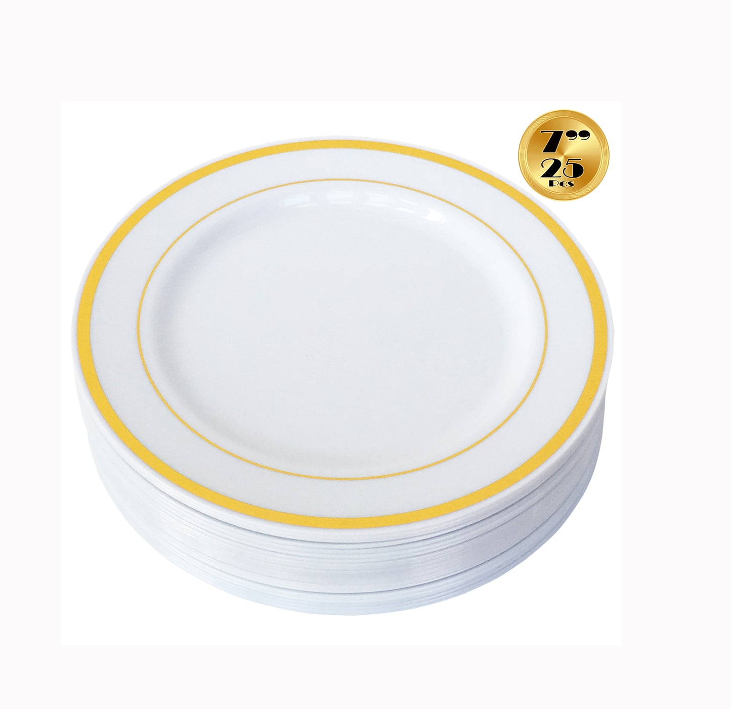 JL Prime 25 Piece 7 Inch Gold Plastic Salad/Dessert/Cake Plates Bulk Set, Heavy Duty Reusable Disposable Plastic Plates with Gold Rim for Party and Wedding