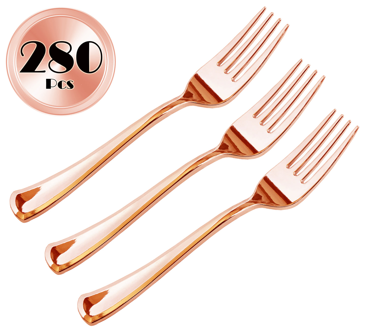 JL Prime 280 Piece Rose gold Plastic Forks Bulk Set, Rose gold Plastic Cutlery Set, Heavy Duty Utensils for Party & Wedding, Disposable Rose gold Flatware, Rose gold Plastic Forks 280 Pack