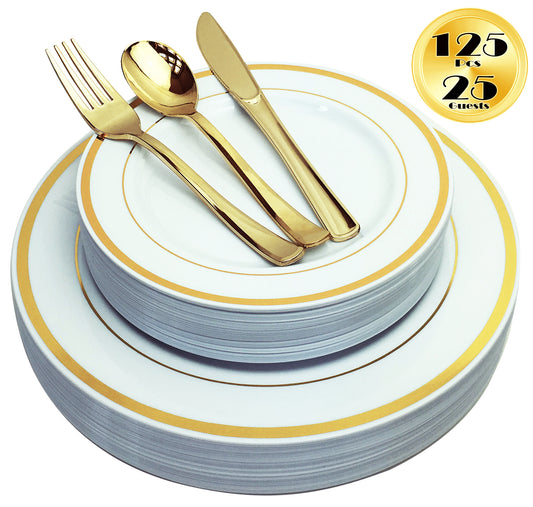 JL Prime 125 Piece Gold Plastic Plates & Cutlery Set, Heavy Duty Disposable Plastic Plates with Gold Rim & Silverware, 25 Dinner Plates, 25 Salad Plates, 25 Forks, 25 Knives, 25 Spoons