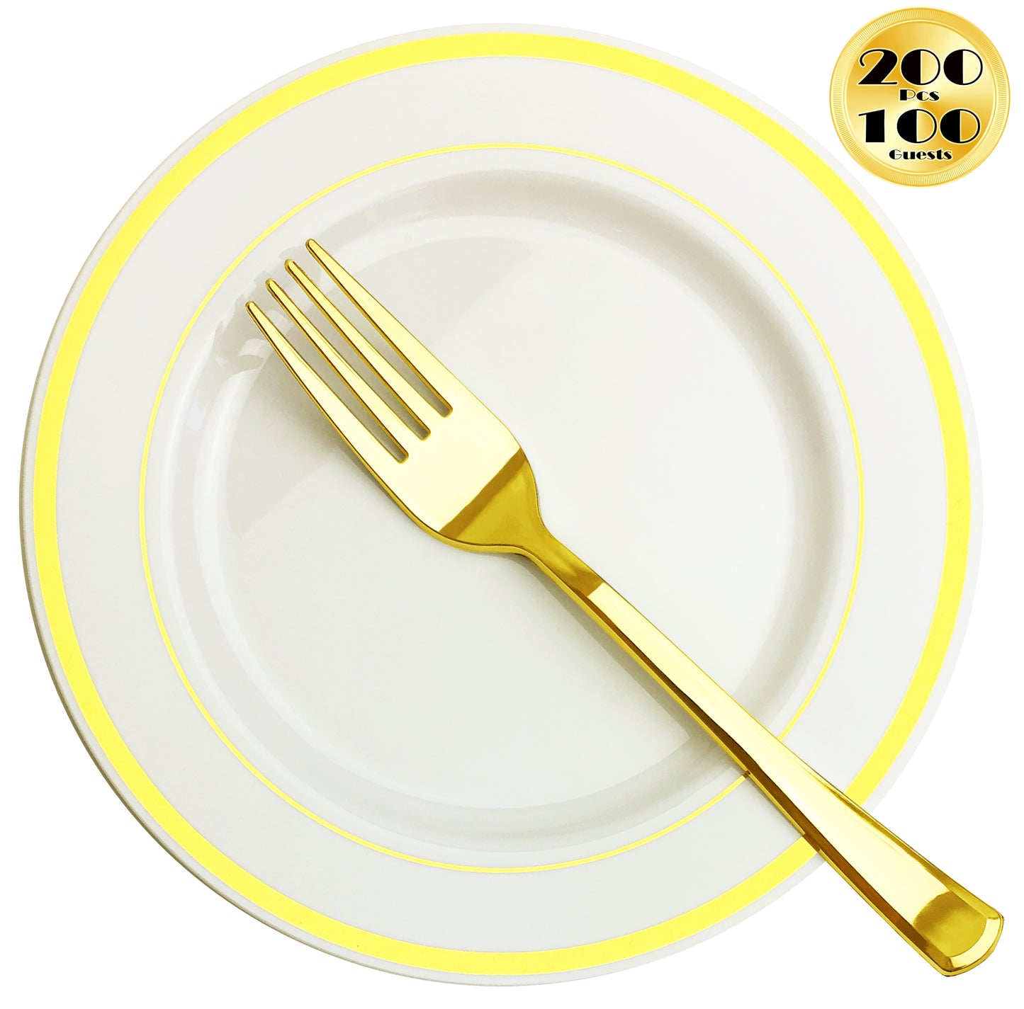 JL Prime 200 Pack 100 Gold 7.35 Inch Small Plastic Plates & 100 Forks Set, Salad/Dessert/Cake Plates and Forks Set