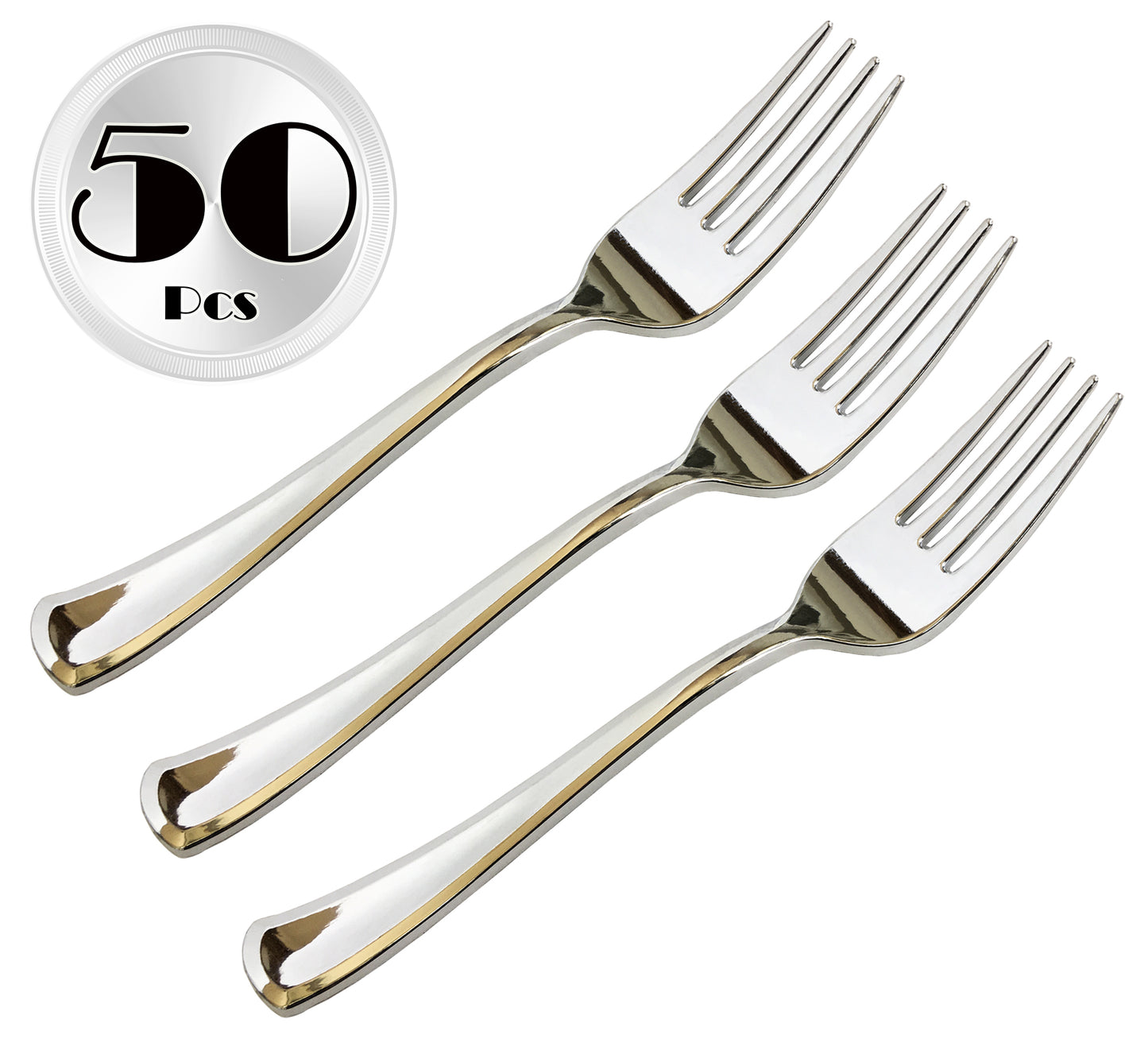 JL Prime 50 Piece Silver Plastic Forks Bulk Set, Silver Plastic Cutlery Set, Heavy Duty Utensils for Party & Wedding, Disposable Silver Flatware, Silver Plastic Forks 50 Pack